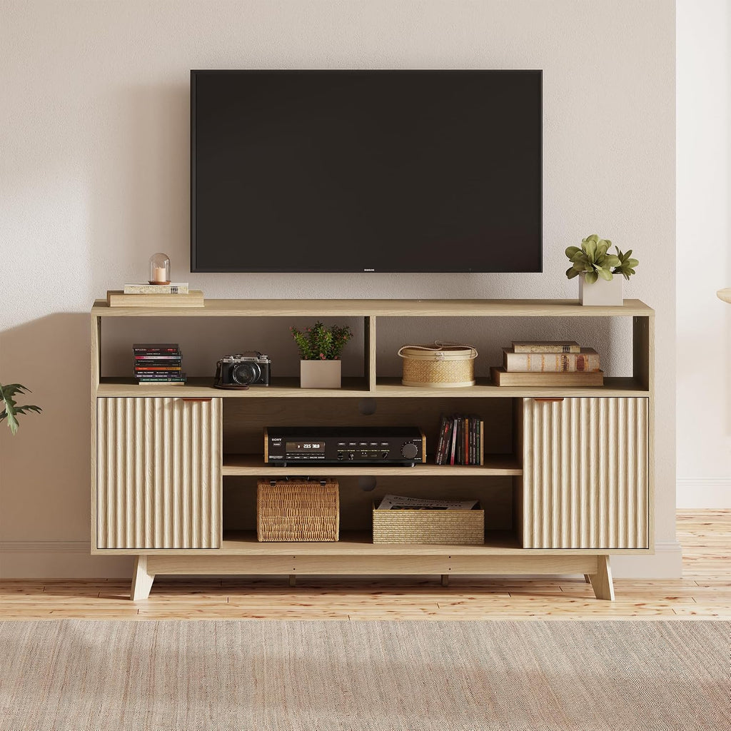 EROMMY Mid Century Modern TV Stand, 59 Inches Entertainment Center with Storage, Tall TV Media Console with 2 Fluted Doors Suitable for 50/55/60/65 TV in Living Room, Bedroom