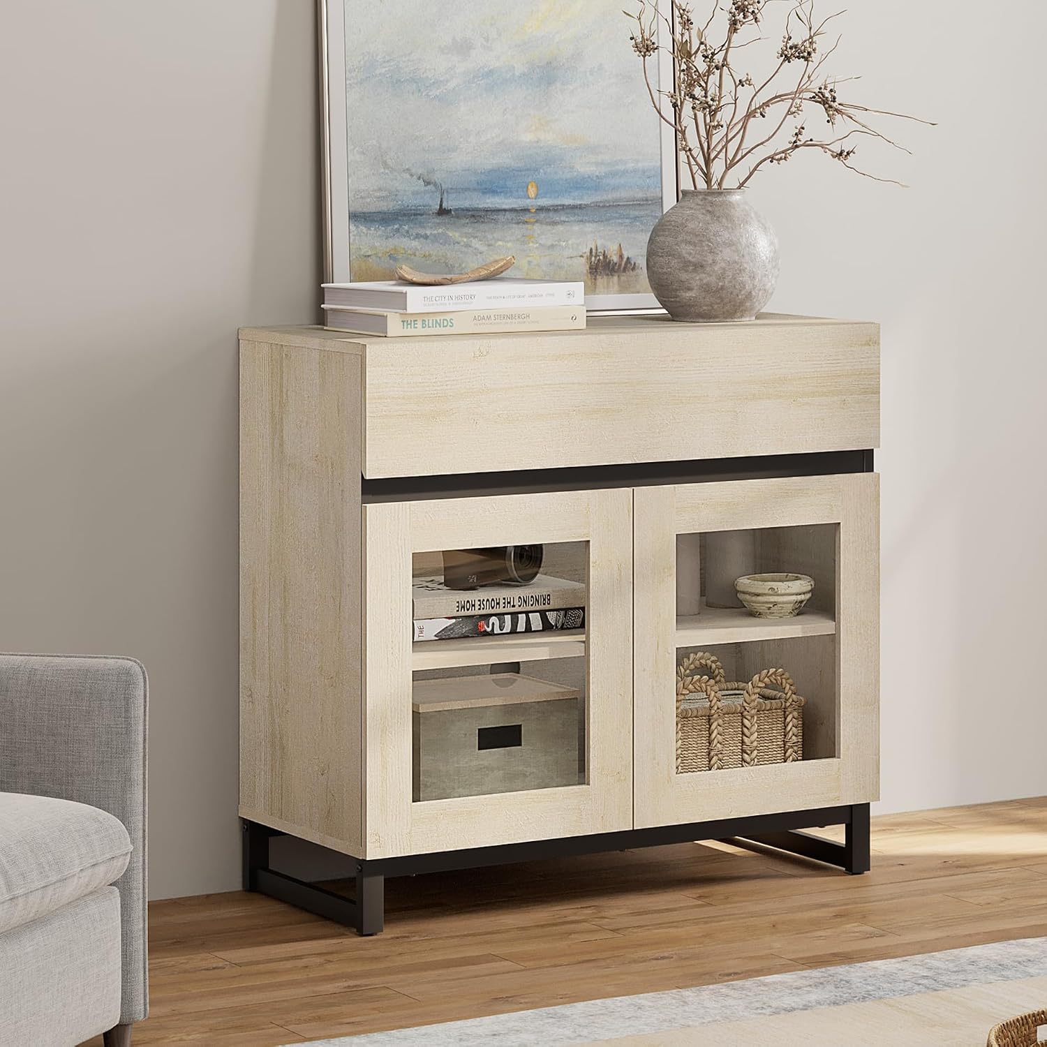 WAMPAT Modern TV Stand with Glass Doors for 26-40 inch TVs, Entertainment Center Console with Drawer and Metal Base for Living Room, Bedroom, Beige
