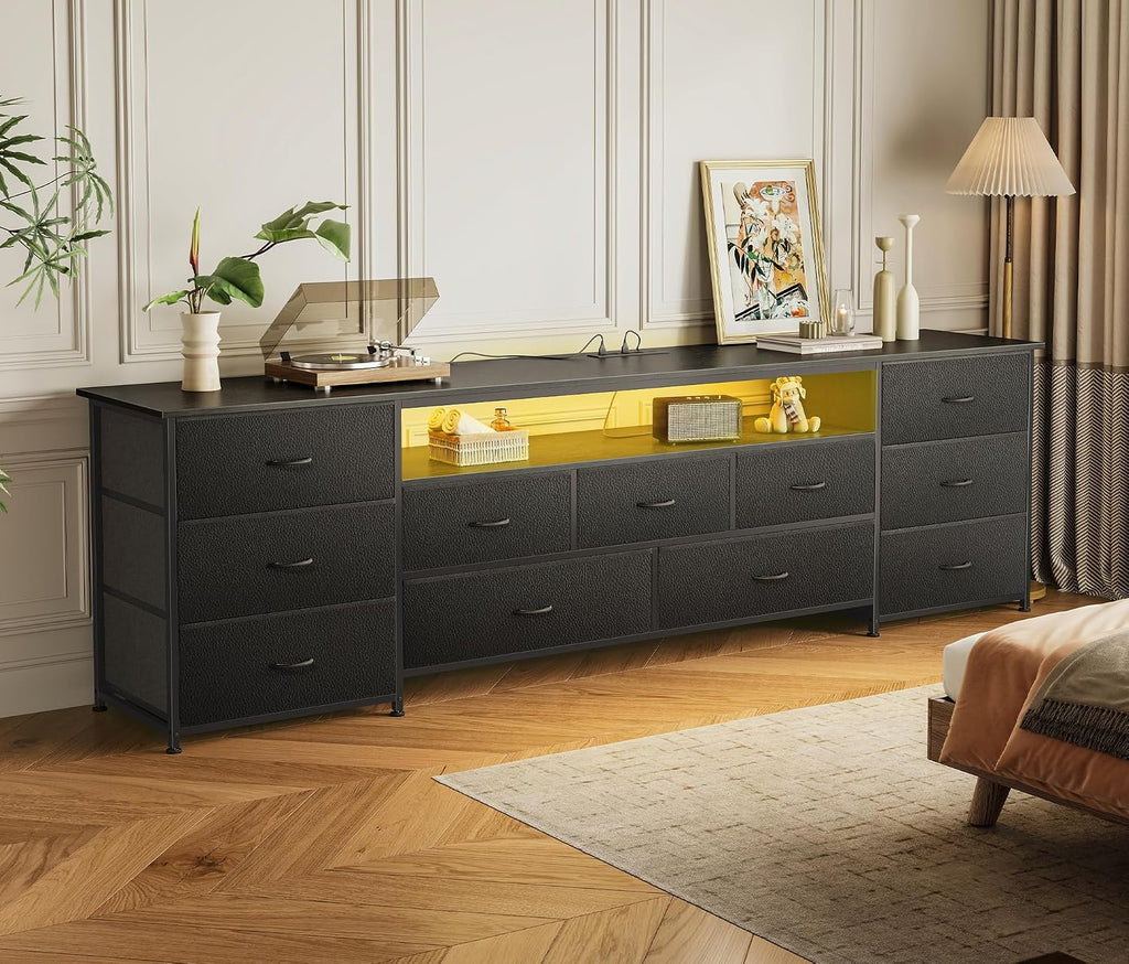 Huuger 78.7 Inch TV Stand for 75, 80 Inch TV, 11 Drawer Long Dresser with Power Outlets and LED Lights, Entertainment Center with Storage, Black Dresser with PU Leather Surface