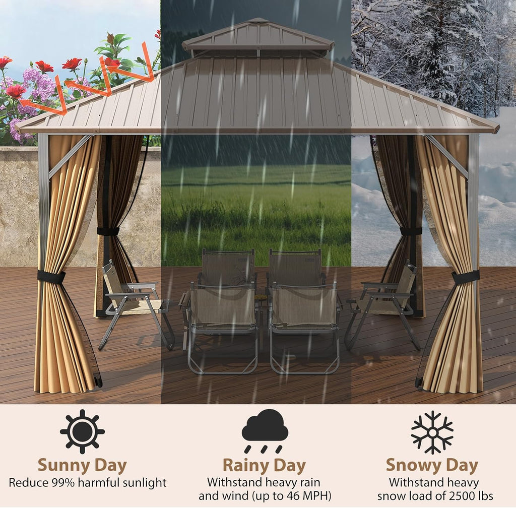 Tangkula 12x12 FT Hardtop Gazebo, Aluminum Frame Permanent Pavilion with Curtains, Netting, Heavy-Duty Double-Tier Galvanized Metal Roof, Outdoor Gazebo for Patios Garden Deck Lawn Backyard