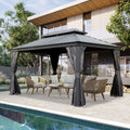 Domi Hardtop Gazebo 10x14FT, Outdoor Gazebo with Galvanized Steel Double Roof, Metal with Drainage System, Detachable Curtain and Netting, Metal Pavilion for Patio Deck Garden, Gray