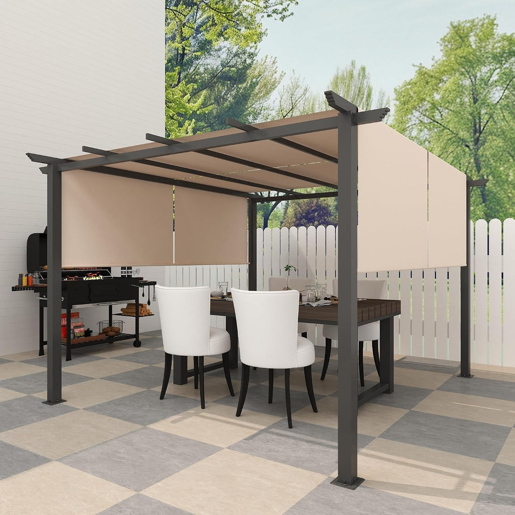10' X 10' Outdoor Modern Steel Pergola with Retractable Canopy, Beige