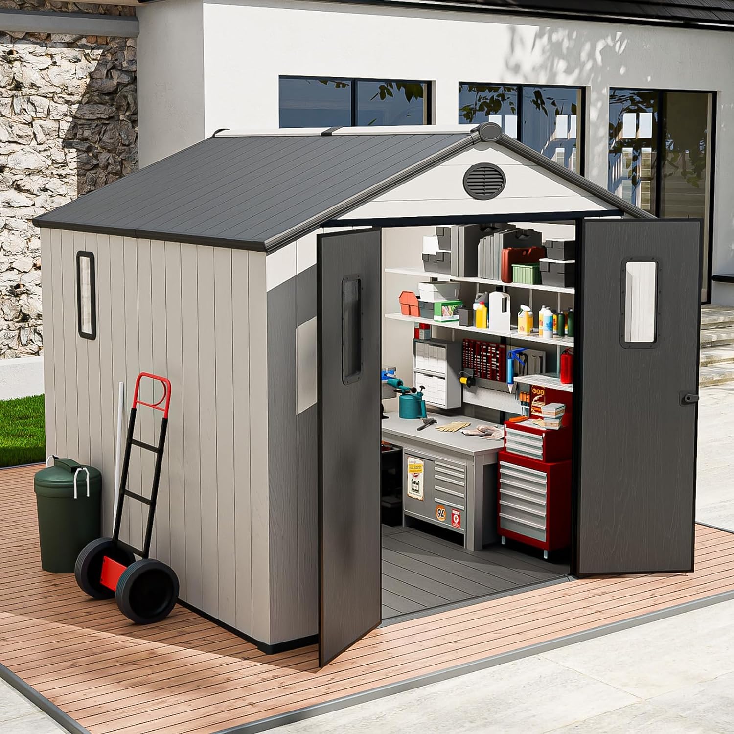 8x6 Outdoor Storage Shed with Floor, Heavy Duty Resin Tool Shed, Weather Resistant Garden Storage Building with Windows & Ventilation, White/Gray