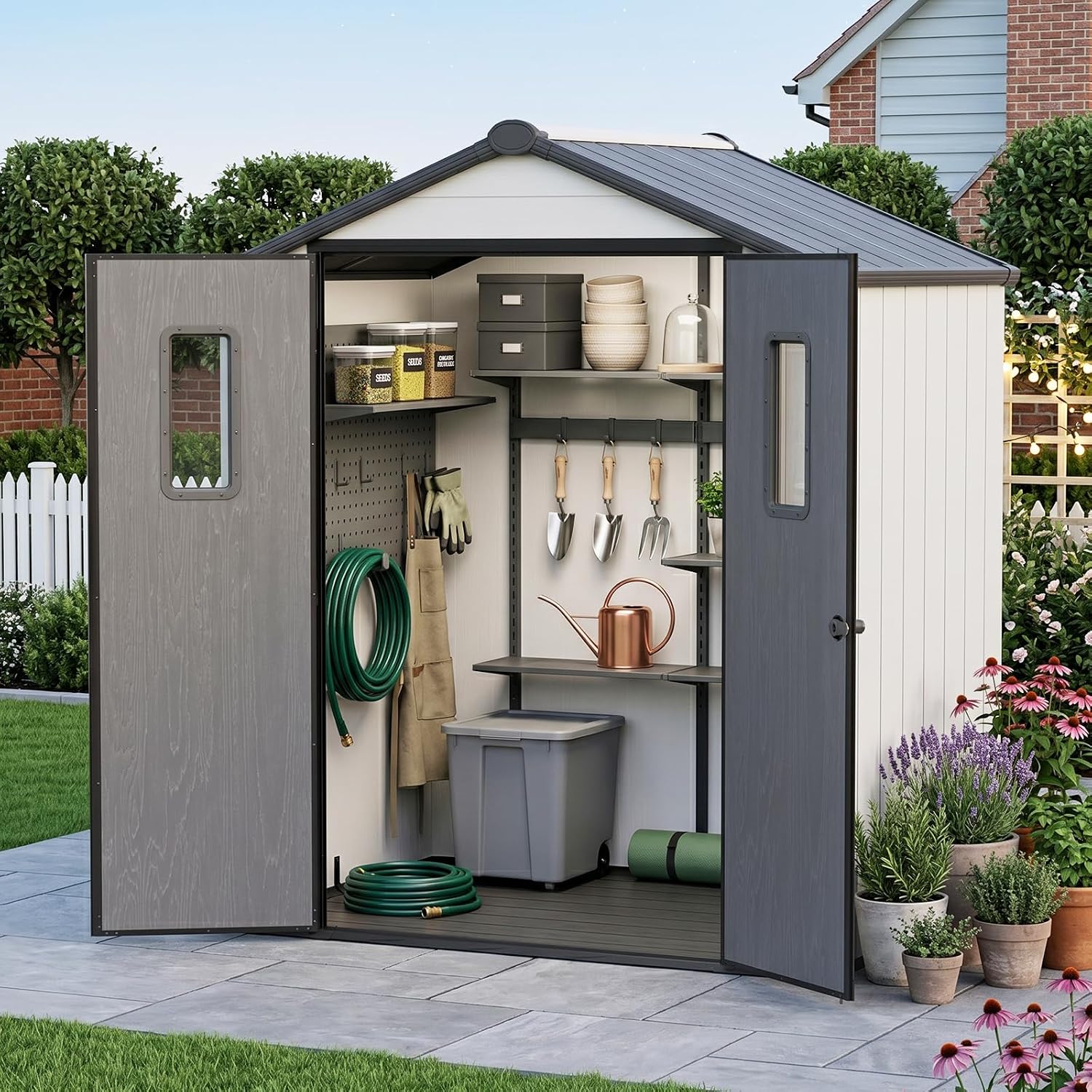 COOS BAY 6x4 Outdoor Storage Shed with Floor, Lockable Doors, All-Weather Resin Garden Tool Shed, White/Gray