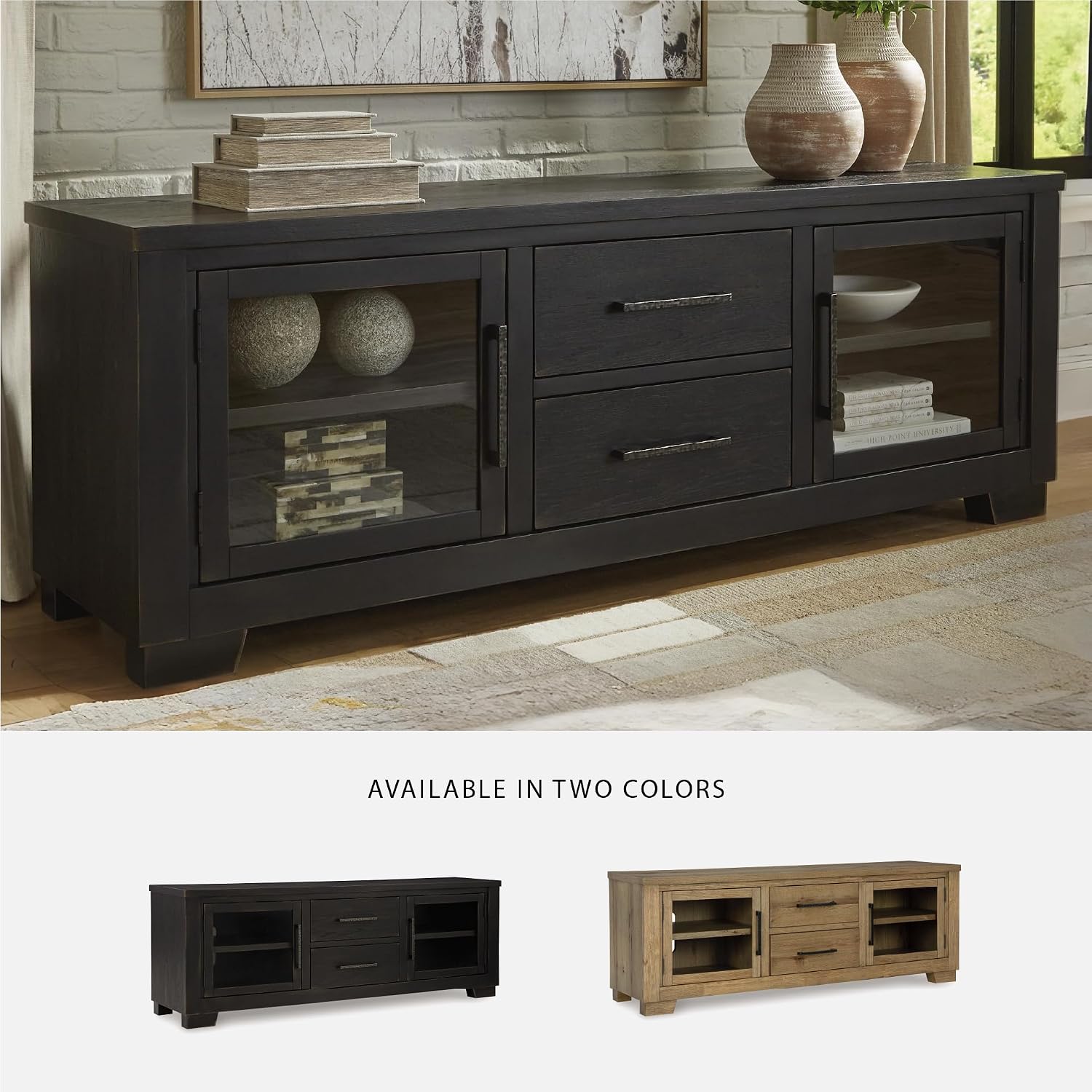 Signature Design by Ashley Galliden Urban 2-Drawer 80' TV Stand for TVs up to 91' with Adjustable Shelves, Cabinets, Cord Openings, Black