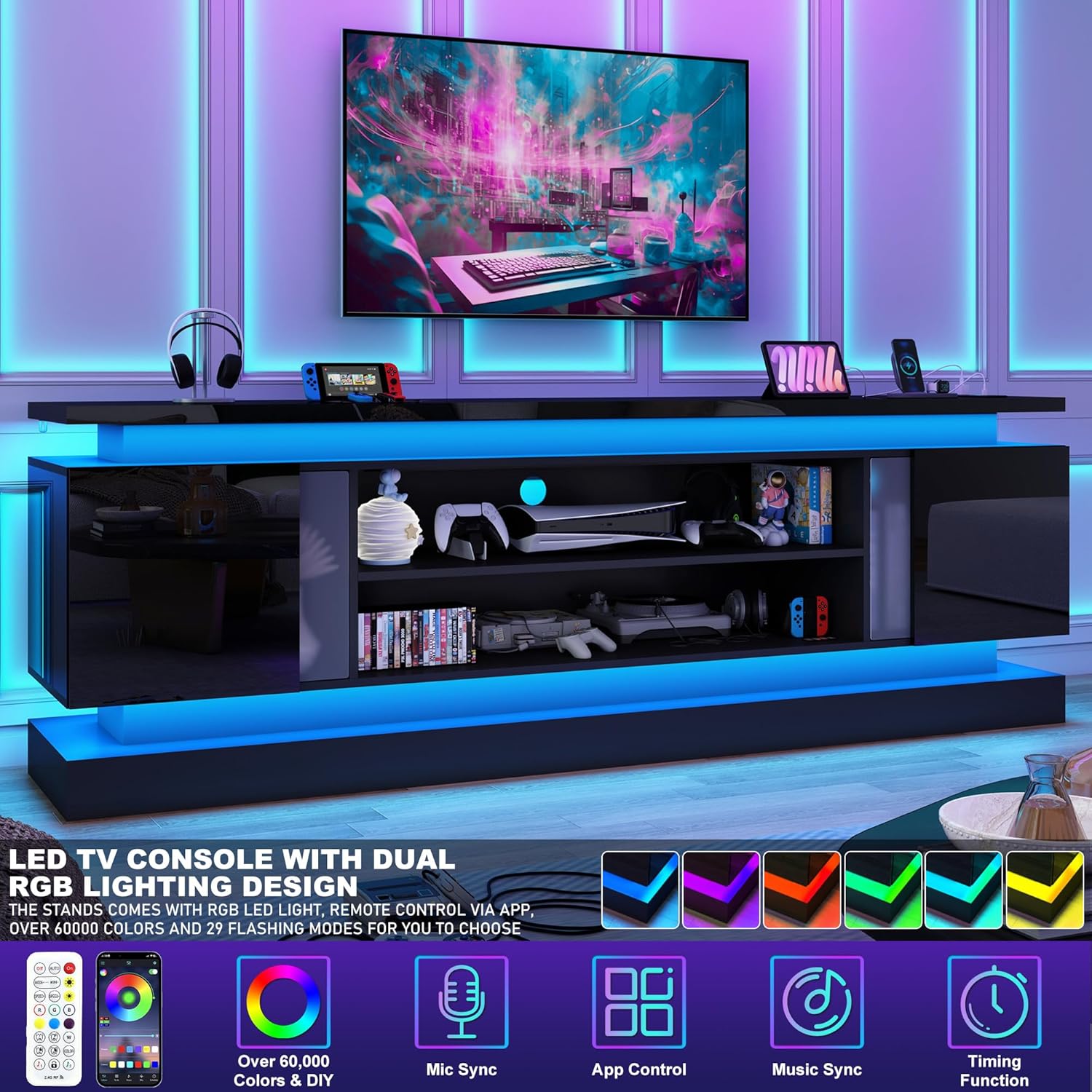 chartustriable 81IN LED TV Stands w/Power Outlet for 90/80/75 Inch TVs,High Glossy Modern Tall Entertainment Center TV Media Console Gaming with 2 Storage Cabinets,Dual LED Lights,Black