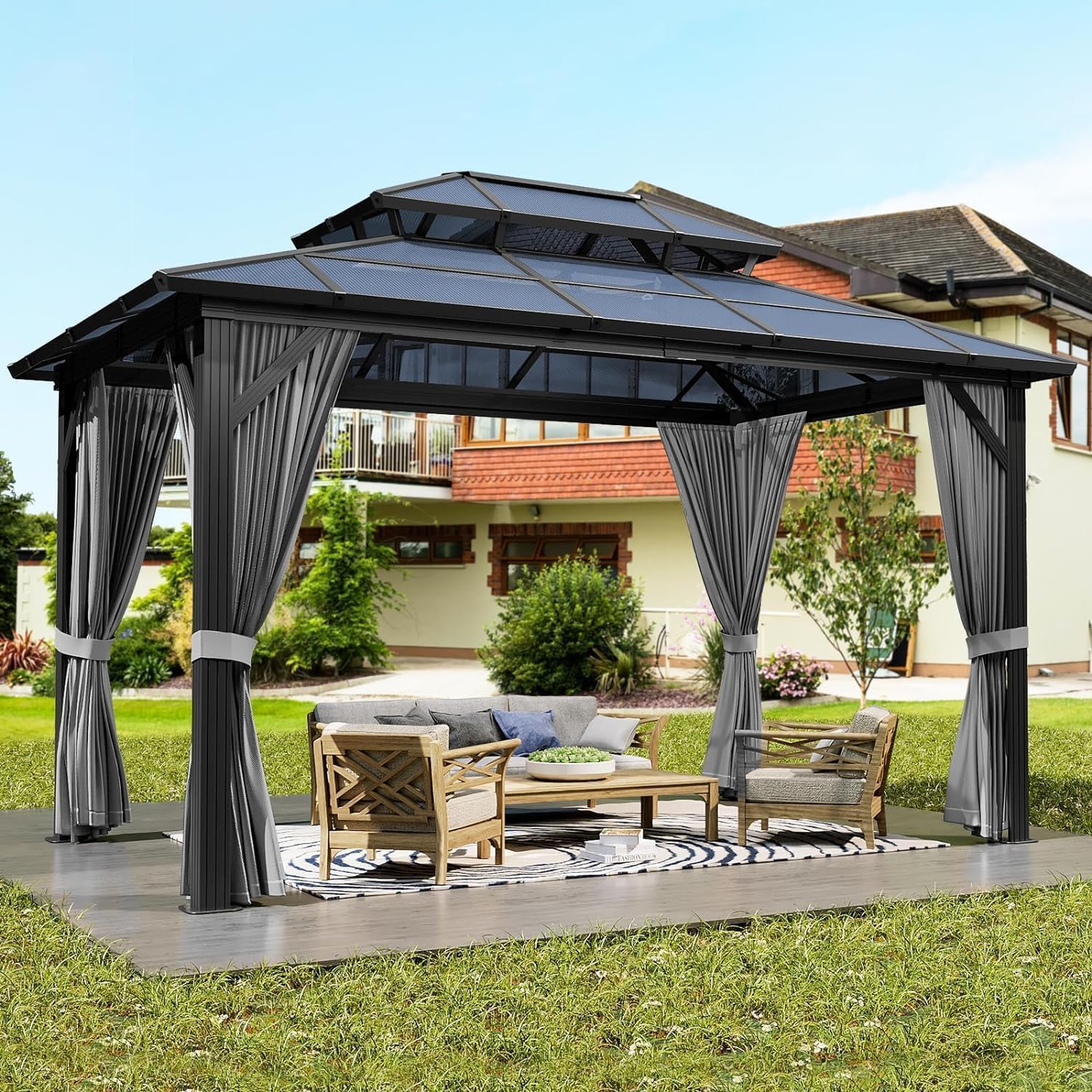 TROPOW 10×12 FT Hardtop Gazebo with Polycarbonate Double Roof, Gray Aluminum Frame Outdoor Patio Gazebo with 2 Track Curtains & Netting, Water-Drainage, UV Protection, Permanent Backyard Canopy