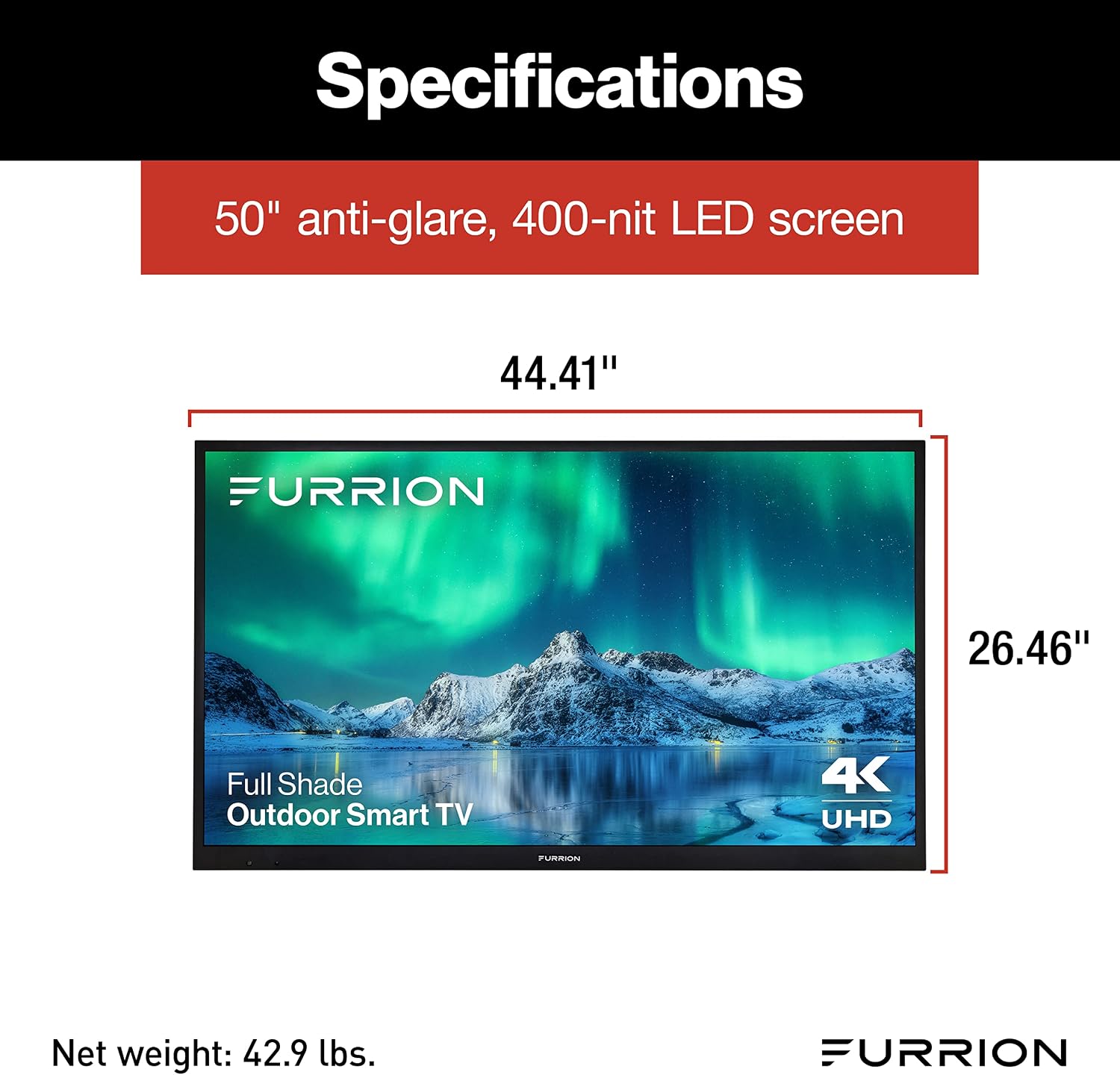 Furrion Aurora 50-Inch Full-Shade 4K LED Outdoor Smart TV - Weatherproof Outdoor Television w/ HDR10, Anti-Glare, 400-Nit LED Screen, Impact-Resistant Screen, External Antenna for Shaded Outdoor Areas
