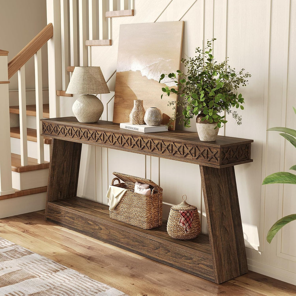 LITTLE TREE 70.87' Long Farmhouse Console Table, 2-Tier Shelf Narrow Accent Entryway Sofa Table for Living Room, Behind Couch, Hallway - Dark Brown