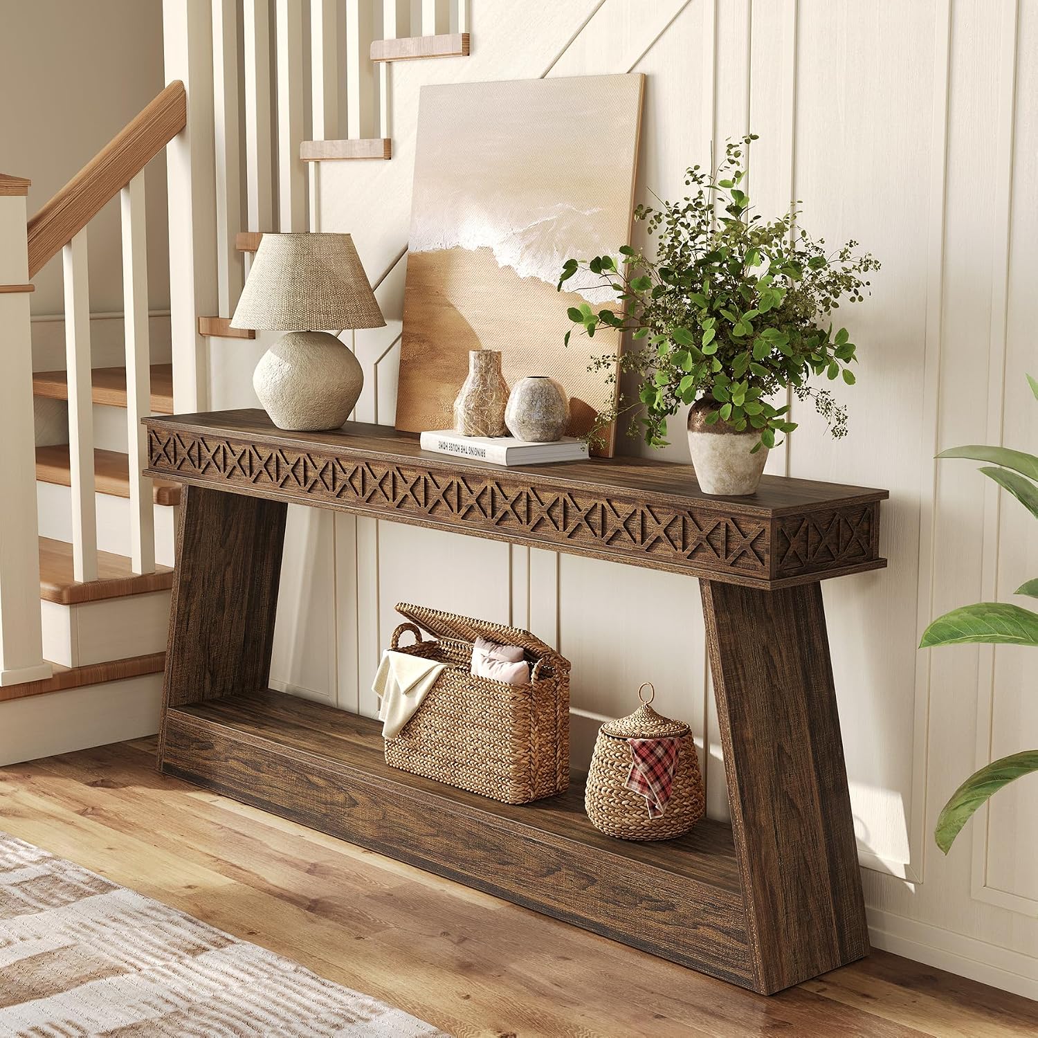 LITTLE TREE 70.87' Long Farmhouse Console Table, 2-Tier Shelf Narrow Accent Entryway Sofa Table for Living Room, Behind Couch, Hallway - Dark Brown