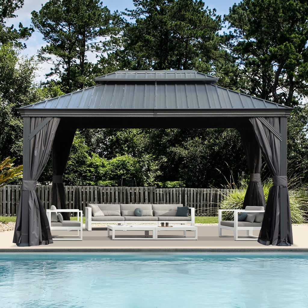 Domi Hardtop Gazebo 10x14FT, Outdoor Gazebo with Galvanized Steel Double Roof, Metal with Drainage System, Detachable Curtain and Netting, Metal Pavilion for Patio Deck Garden, Gray
