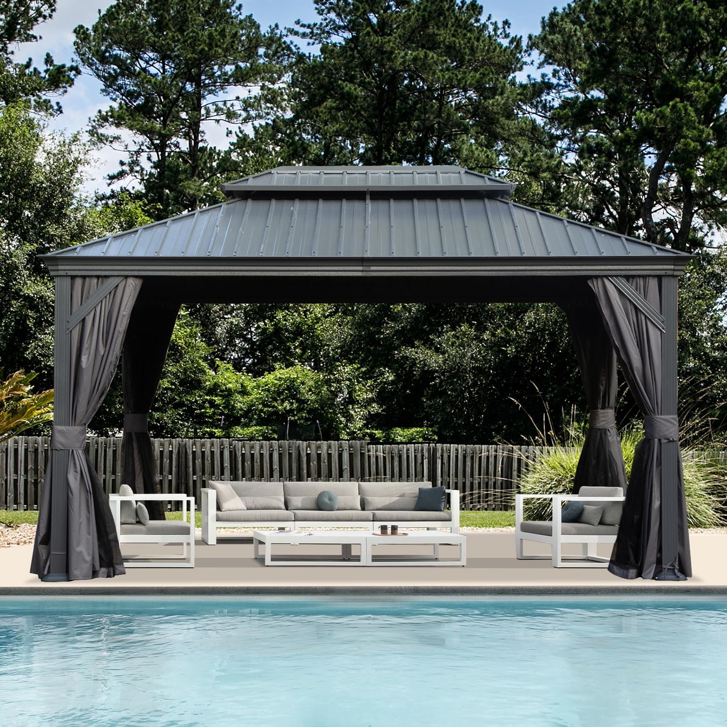 Domi Hardtop Gazebo 10x14FT, Outdoor Gazebo with Galvanized Steel Double Roof, Metal with Drainage System, Detachable Curtain and Netting, Metal Pavilion for Patio Deck Garden, Gray