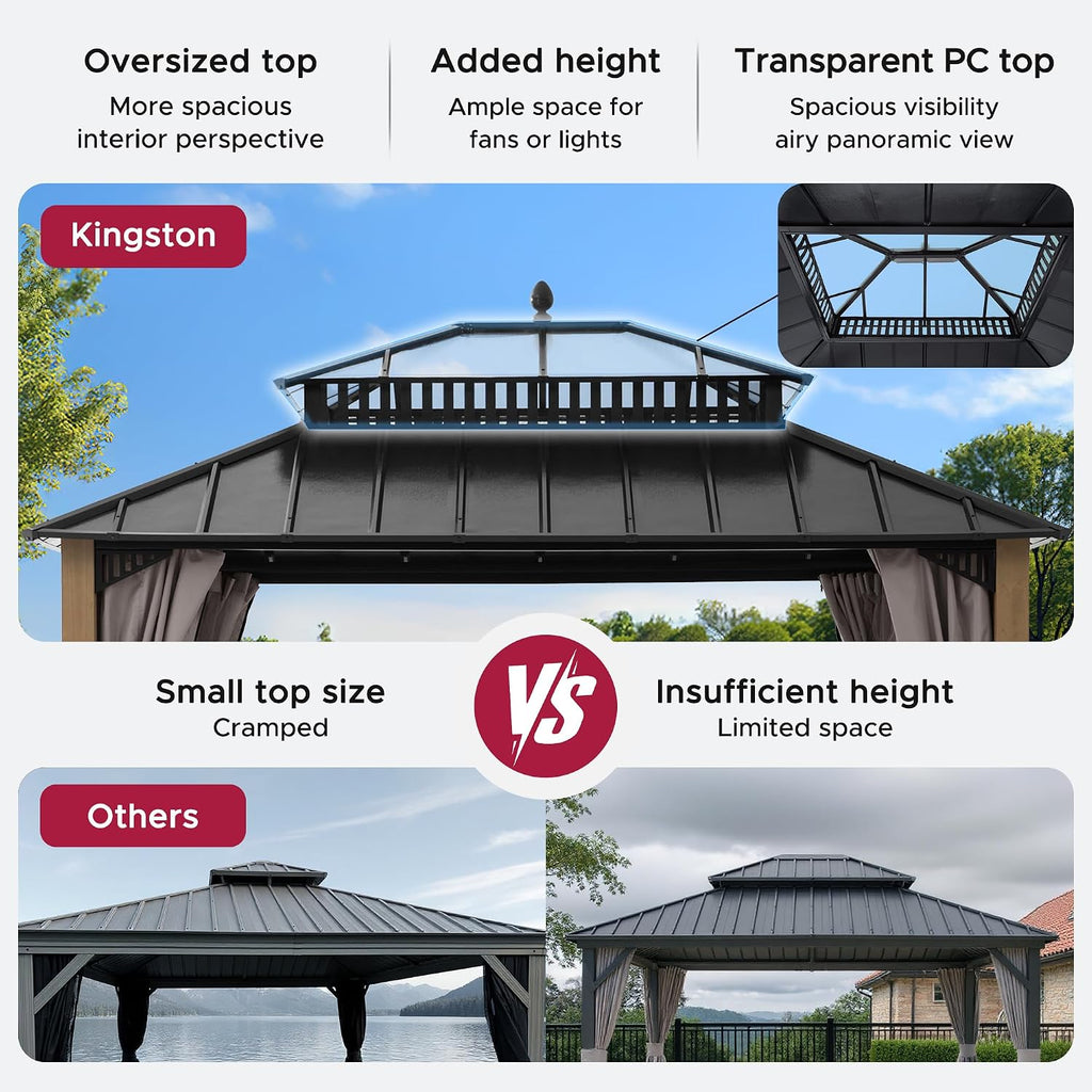 SUNJOY Kingston 12' x 10' Hardtop Wood Gazebo with Galvanized Steel/Polycarbonate Double Roof, Curtain and Netting, Cedar Posts Permanent Pavilion Gazebo for Garden, Patio, Deck, Lawn