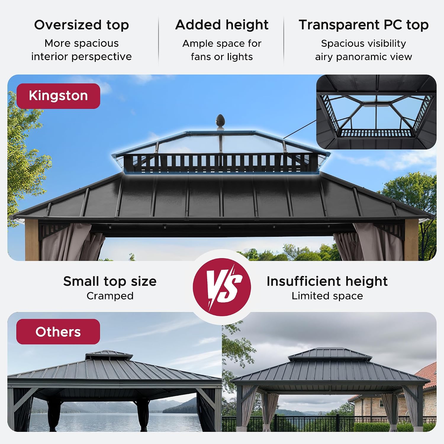 SUNJOY Kingston 12' x 10' Hardtop Wood Gazebo with Galvanized Steel/Polycarbonate Double Roof, Curtain and Netting, Cedar Posts Permanent Pavilion Gazebo for Garden, Patio, Deck, Lawn