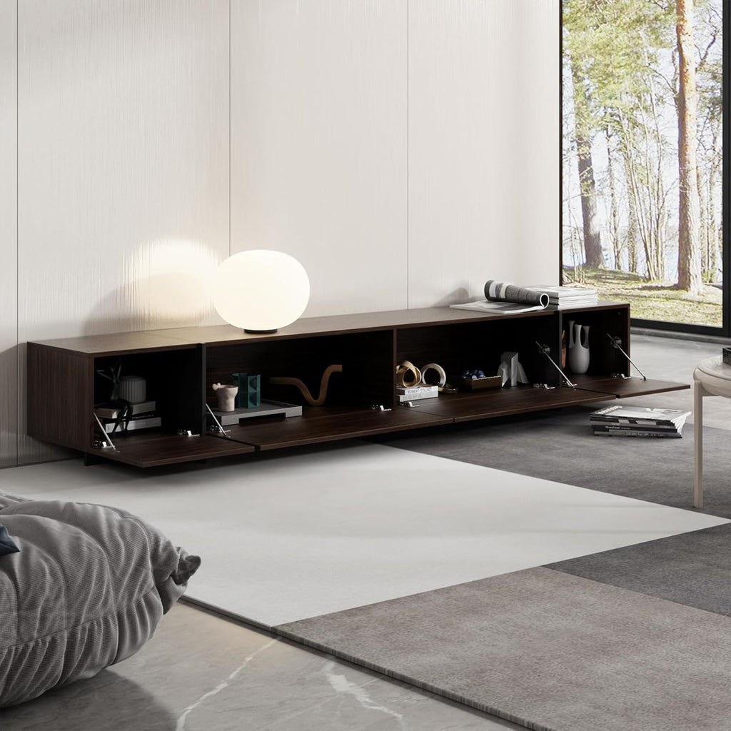 AIEGLE 95.1' W TV Stand with 4 Flip-Down Drawers, Modern Entertainment Center with Storage, Media Console Table TV Cabinet, Dark Brown