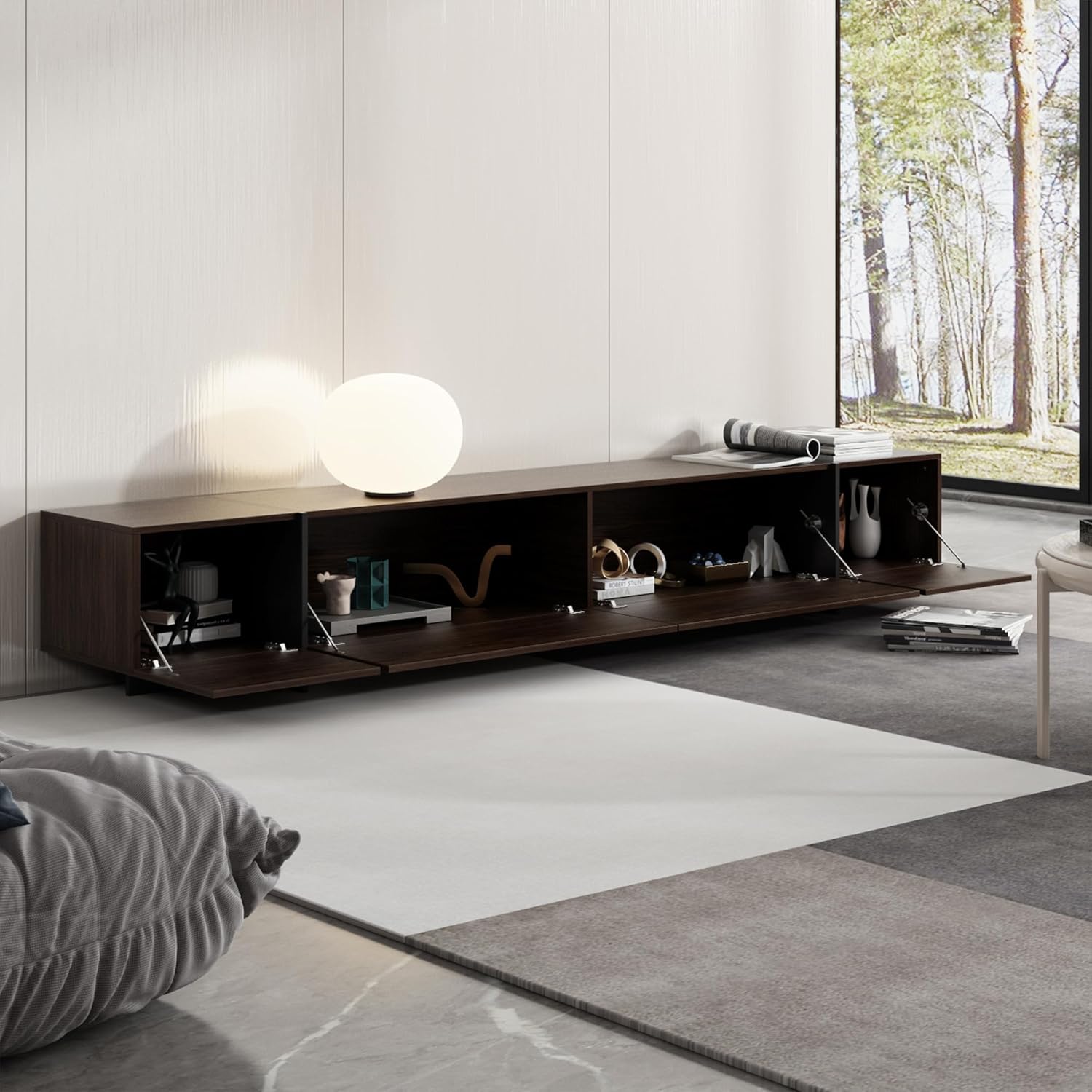 AIEGLE 95.1' W TV Stand with 4 Flip-Down Drawers, Modern Entertainment Center with Storage, Media Console Table TV Cabinet, Dark Brown