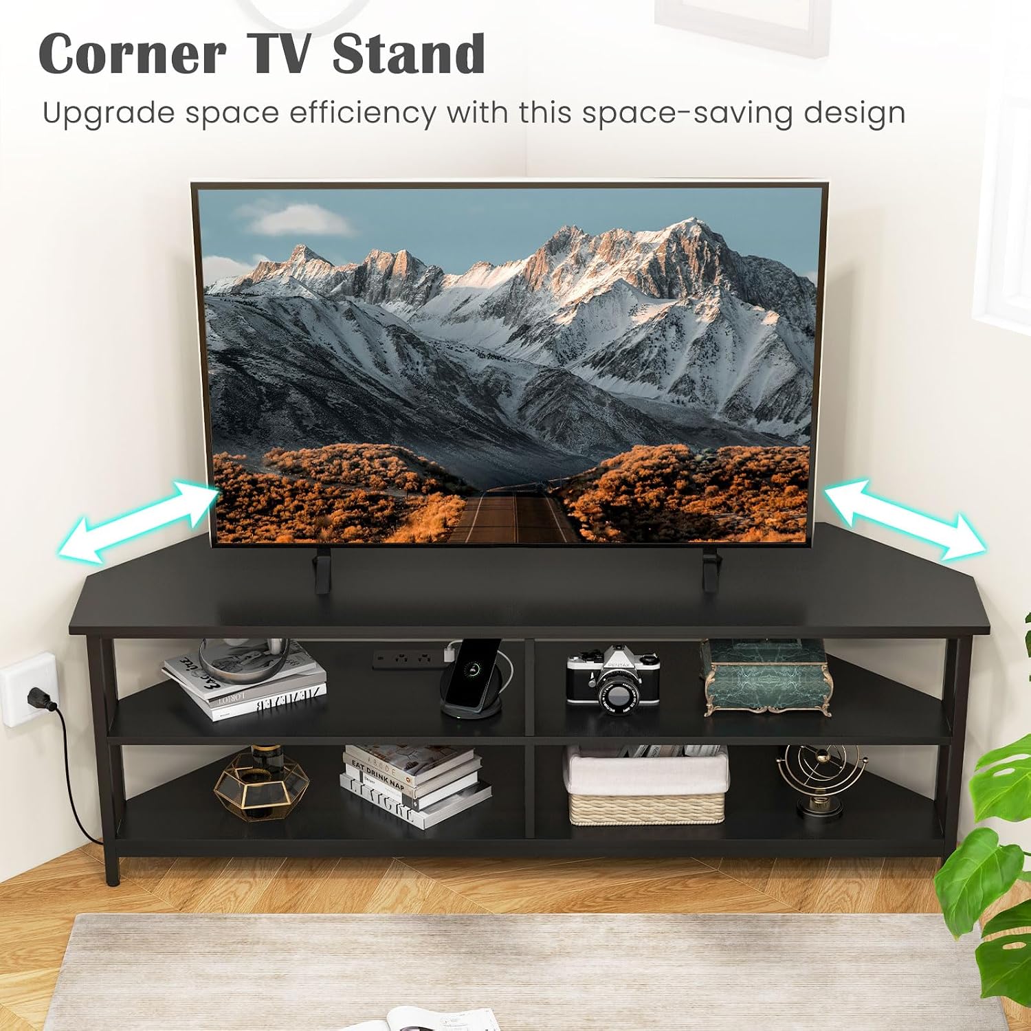 Tangkula Corner TV Stand for TVs up to 65', TV Console Table with 2 AC Outlets, USB A Port, USB C Port, Metal Frame & Storage Shelves, 55' Media Entertainment Center for Living Room