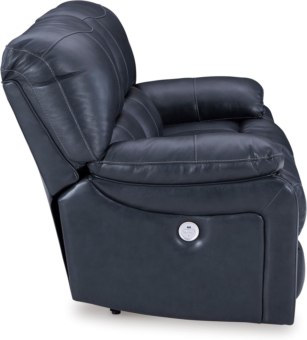 Signature Design by Ashley Leesworth Contemporary Power Reclining Loveseat with One-Touch Control and USB Charging Ports, Leather, 20' Seat Height, Blue