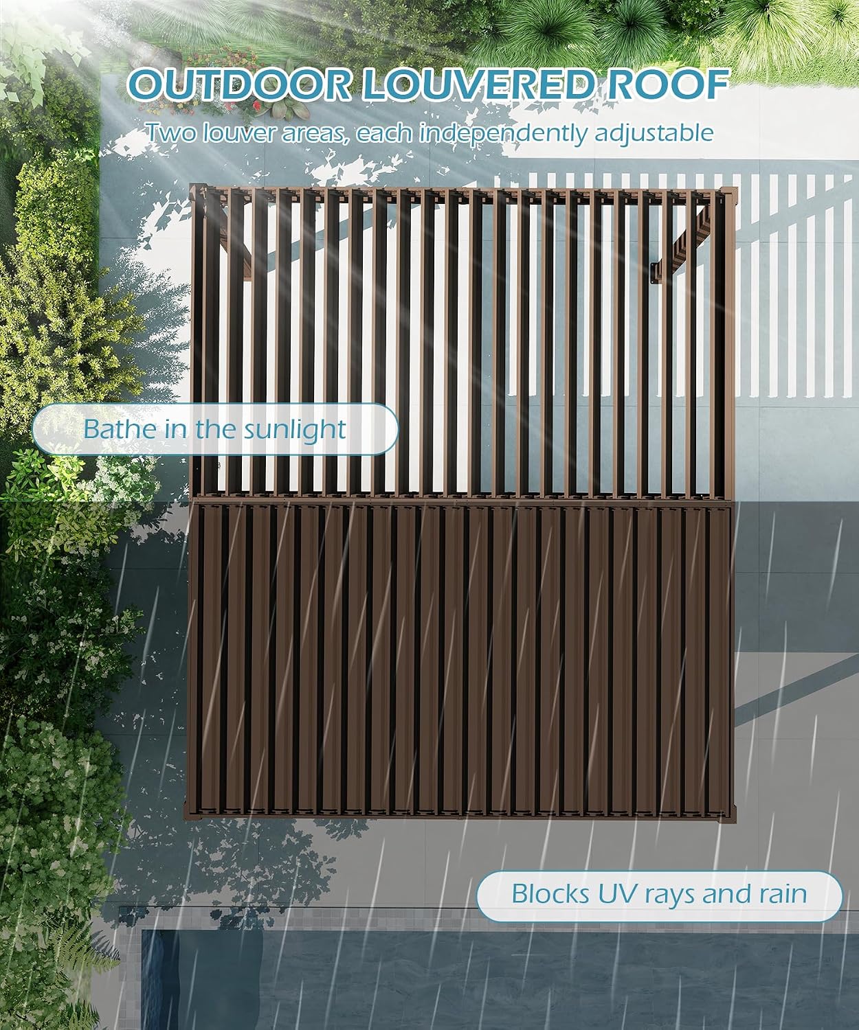 Domi 10x12FT Outdoor Louvered Pergola with Adjustable Roof, Alloy Rainproof Pergola for Backyard, Garden and Lawn,Brown