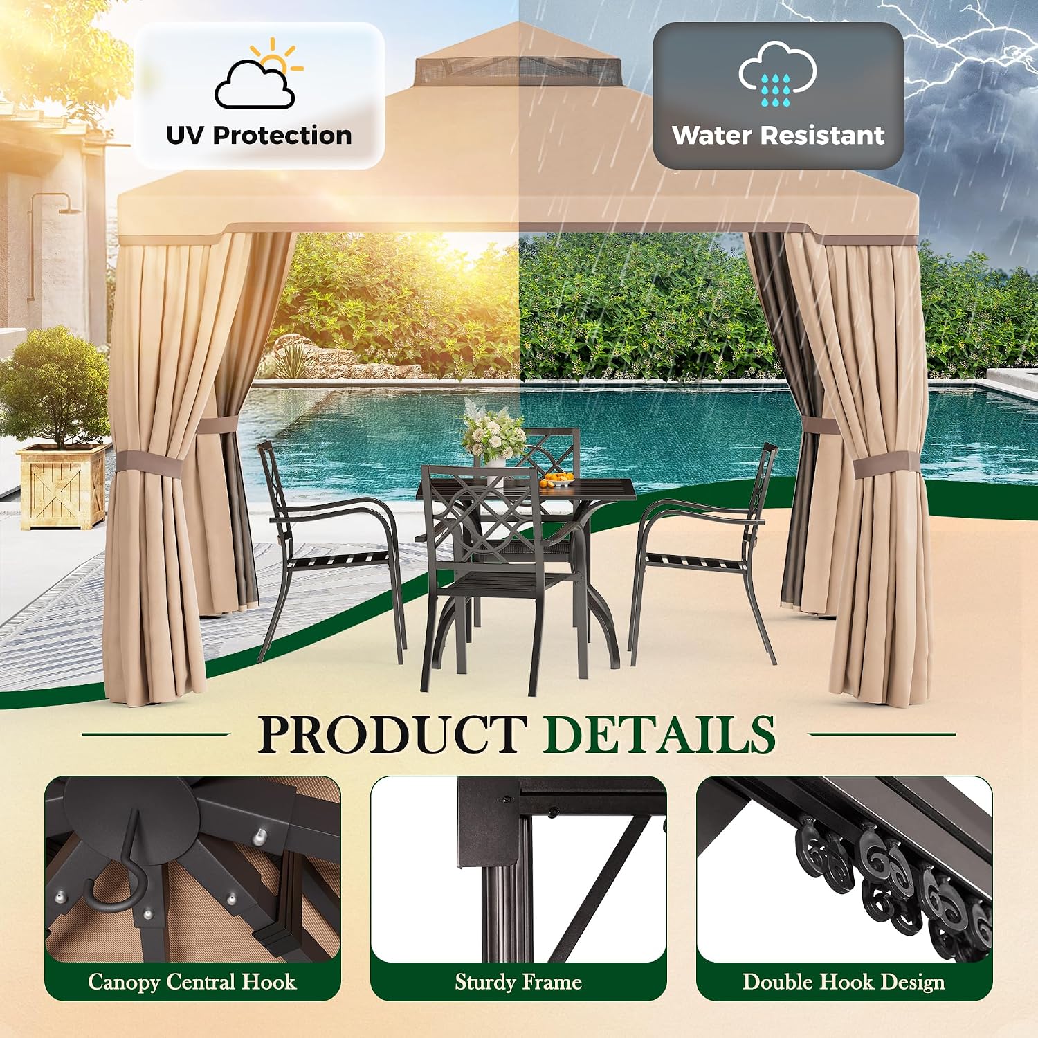 Incbruce Outdoor 10x10 FT Garden Gazebo, Steel Vented Double Roof Patios Canopy, Outside Gazebo with Mosquito Netting for Backyard, Lawns, Party (Brown)
