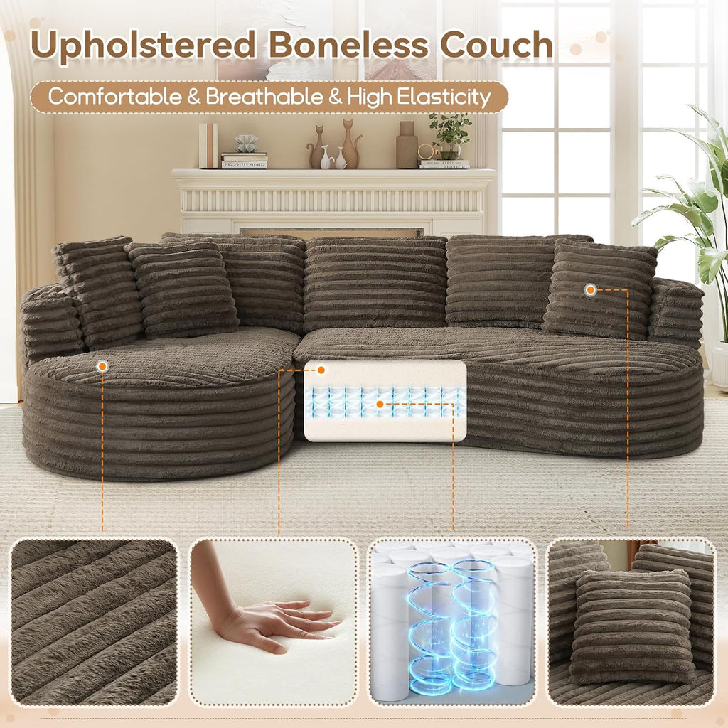 120'W Oversized Modern Curved Cloud Couch,Corduroy Modular Sectional Sofa with Chaise, L Shaped Boneless Couch, Compression Foam Sofa for Living Room Bedroom, No Assembly Required(Left Facing, Brown)