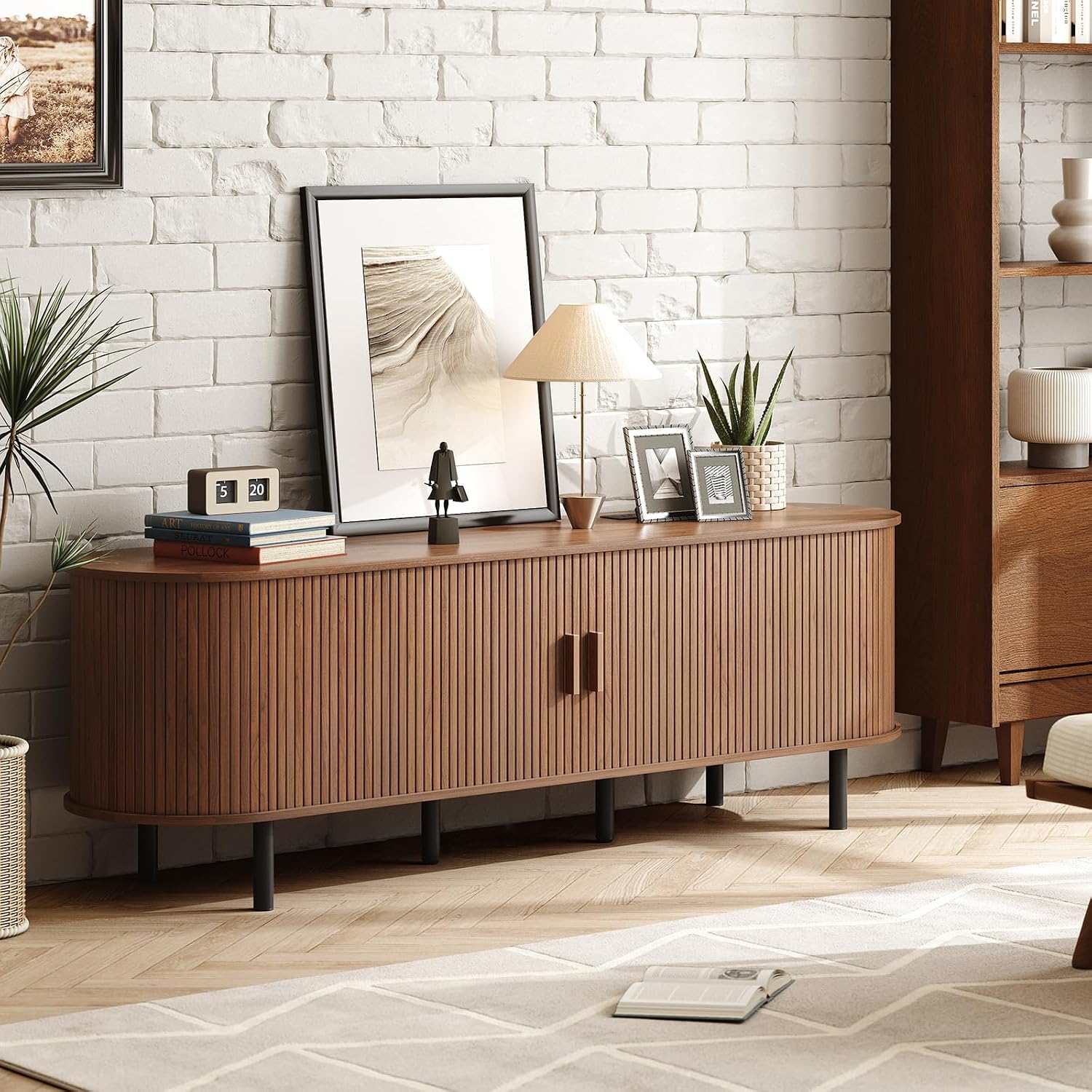 ONBRILL 70.8' TV Stand with Power Outlet for TVs up to 75 Inch, Entertainment Center with Storage and Adjustable Shelves, Modern Media Console with Sliding Doors for Living Room, Walnut