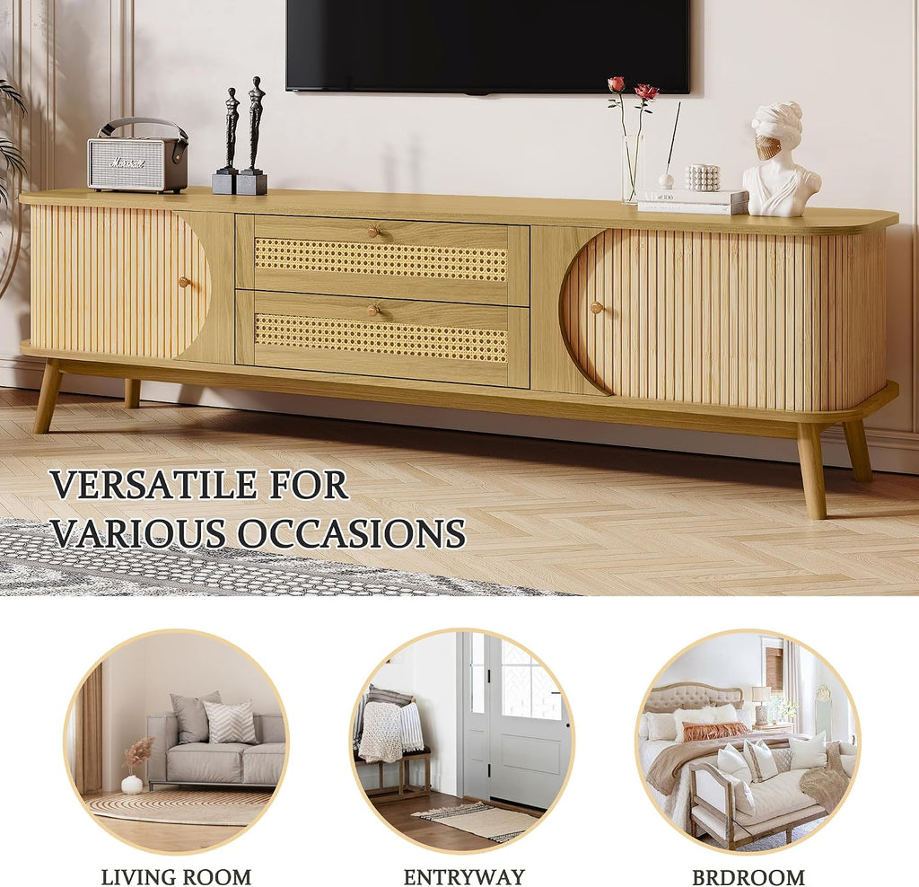 Merax Rattan TV Stand for TVs up to 75', Modern Farmhouse Media Console with Multi-Functional Storage, Boho Entertainment Center with Solid Wood Legs, Television Cabinet for Living Room, Natural+Wood