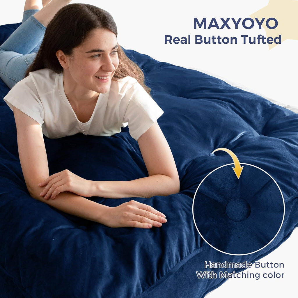 MAXYOYO 6' Futon Mattress Full Size, Velvet Thick Futons Sofa Couch, Versatile Floor Mattress for Adults, Shredded Foam Filling (Frame Not Included), Navy