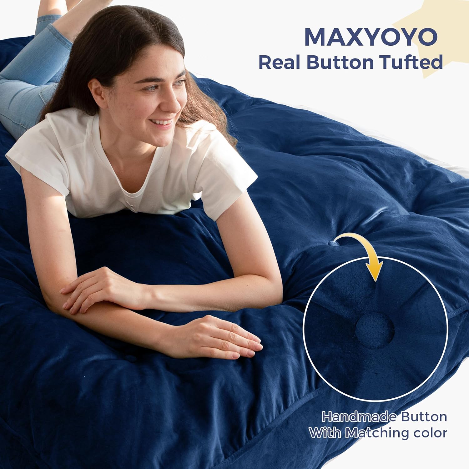 MAXYOYO 6' Futon Mattress Full Size, Velvet Thick Futons Sofa Couch, Versatile Floor Mattress for Adults, Shredded Foam Filling (Frame Not Included), Navy