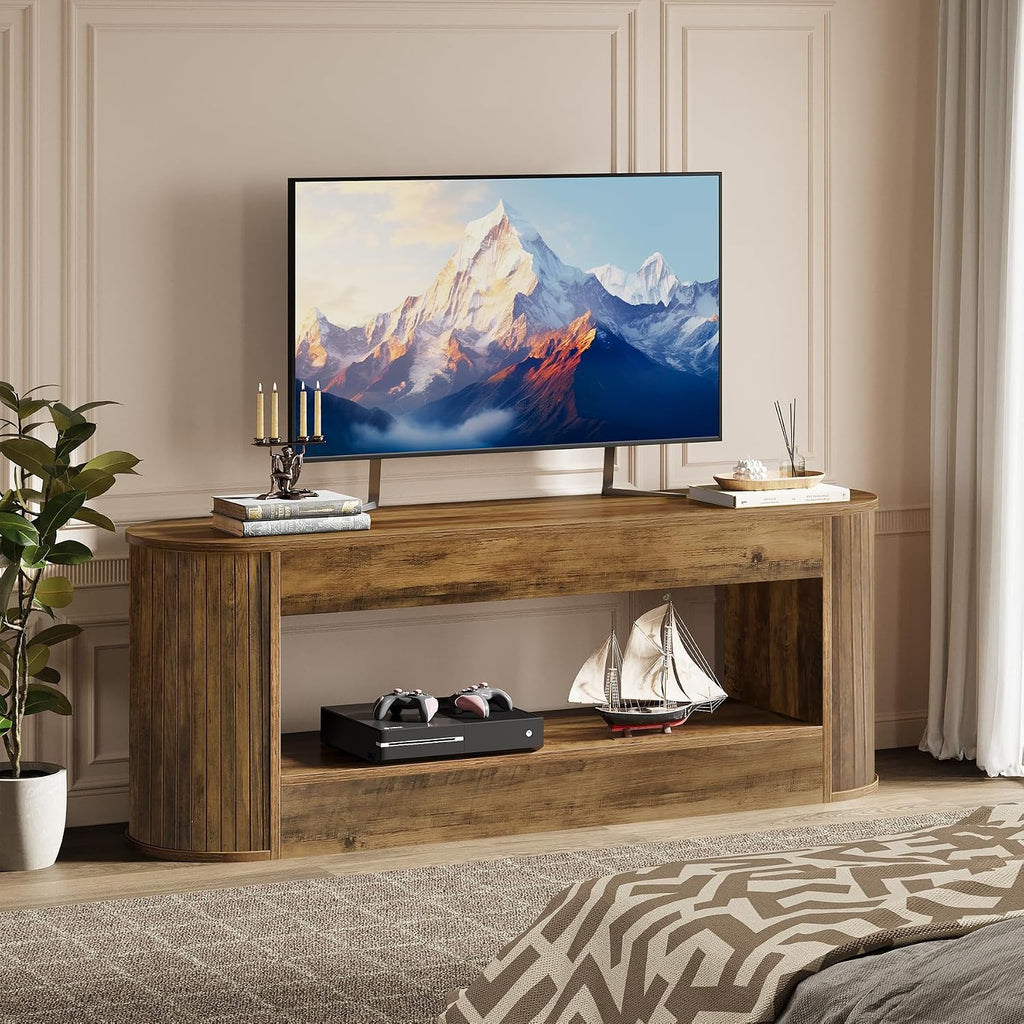 Tribesigns 63' TV Stand with Storage for 55/60/65/75 Inches TV, 2-Tier Farmhouse Television Stands with Fluted Panels, Entertainment Center Media Console for Living Room & Bedroom, Brown