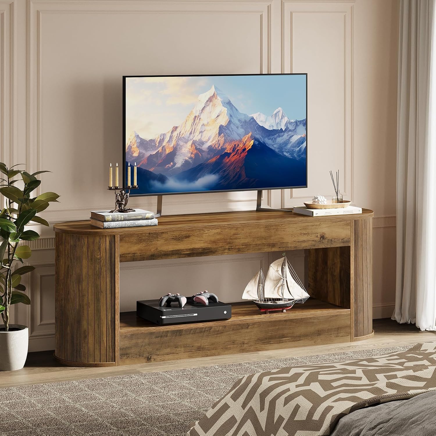 Tribesigns 63' TV Stand with Storage for 55/60/65/75 Inches TV, 2-Tier Farmhouse Television Stands with Fluted Panels, Entertainment Center Media Console for Living Room & Bedroom, Brown