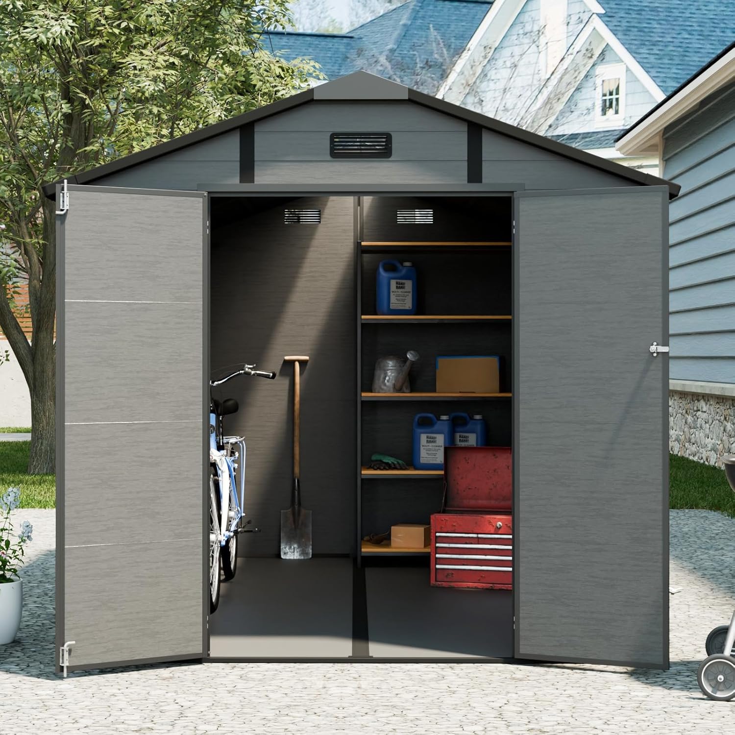 8x10 ft Outdoor Resin Storage Shed with Floor, Waterproof Plastic Garden Shed with Lockable Door, 2 Side Windows and Full-Length Ridge Skylight, All-Weather Tool Sheds for Backyard, Patio, Lawn