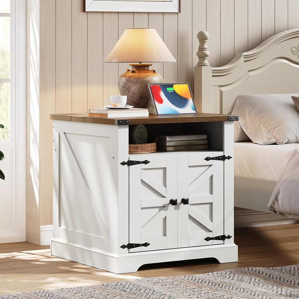 HOOBRO Farmhouse End Table with Charging Station, 23.6' Large End Tables for Living Room, Sofa Side Table with Barn Door, Wooden Square Nightstand Bedside Table, Flip Top, White and Walnut WH601UBZ01