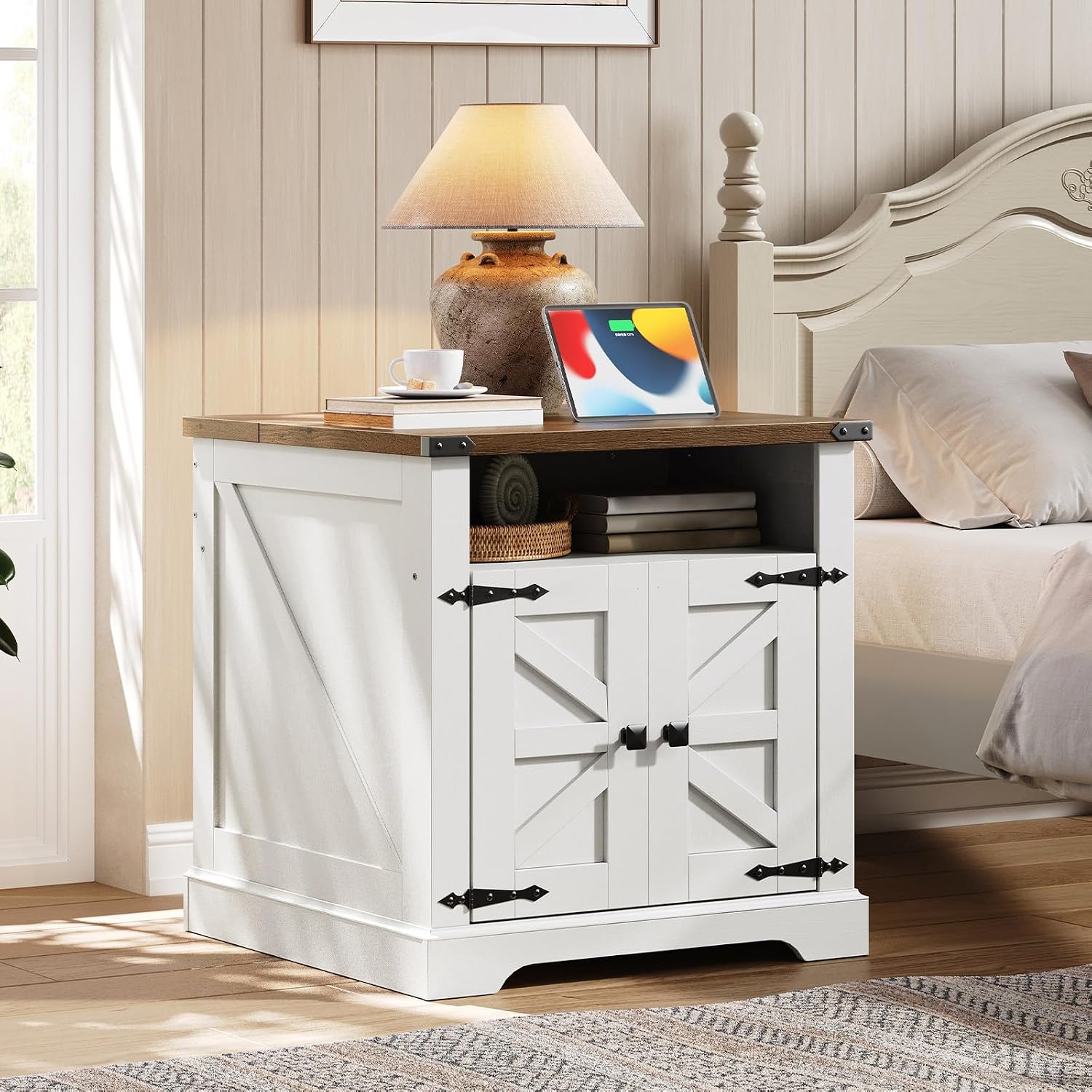 HOOBRO Farmhouse End Table with Charging Station, 23.6' Large End Tables for Living Room, Sofa Side Table with Barn Door, Wooden Square Nightstand Bedside Table, Flip Top, White and Walnut WH601UBZ01