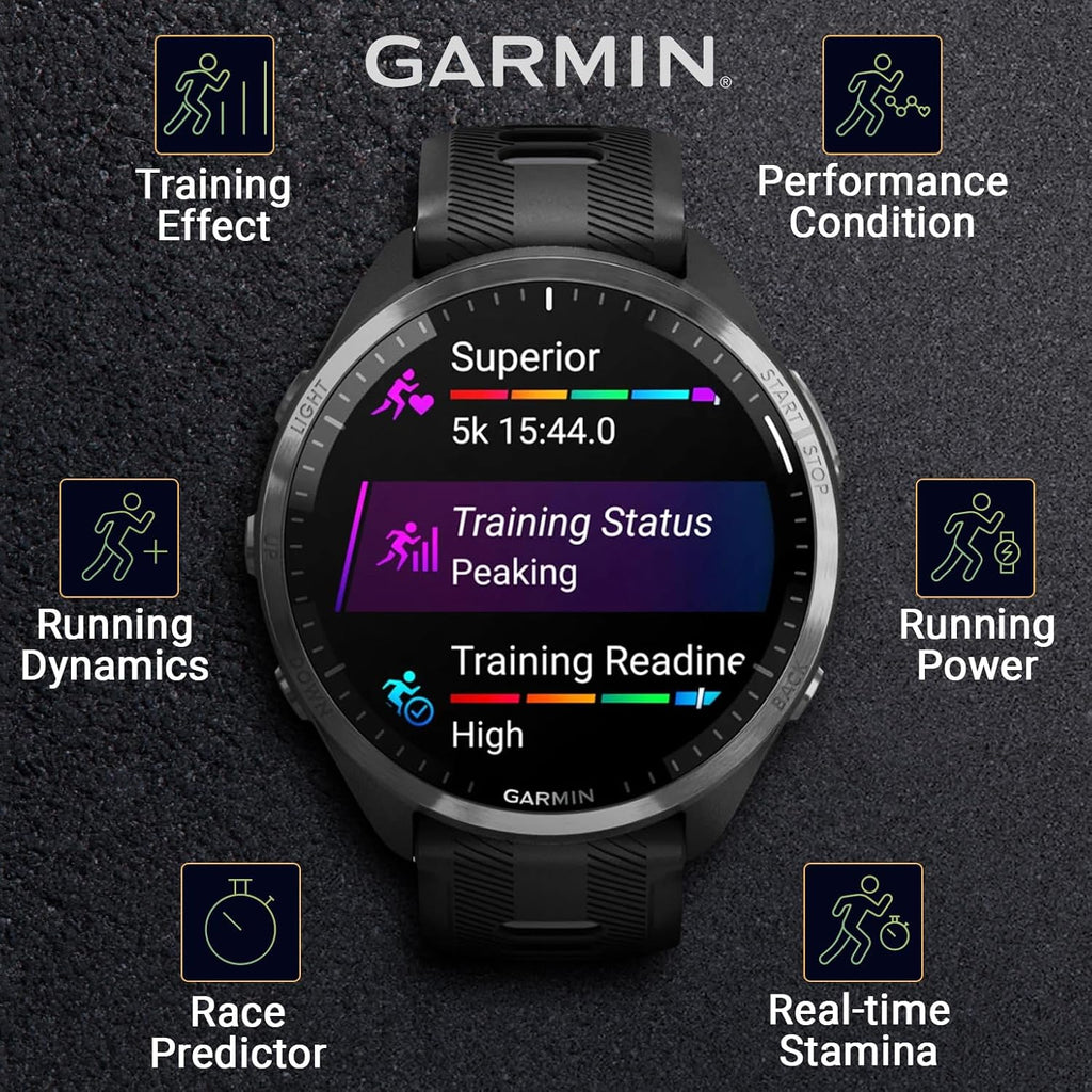 Garmin Forerunner 965 Premium GPS Running and Triathlon 47mm Smartwatch with AMOLED Touchscreen Display, Carbon Gray DLC Titanium Bezel Black Silicone Band E-Bank Bundle, Black +E-bank