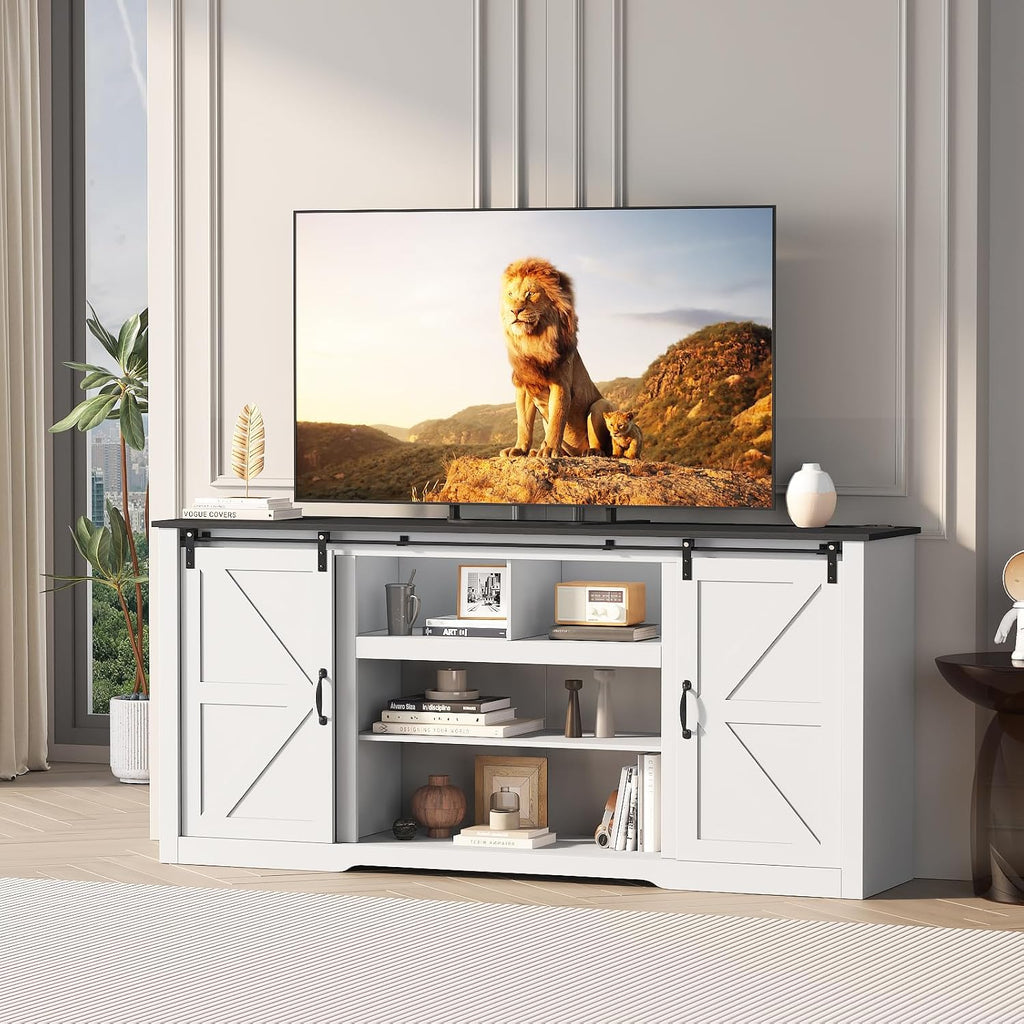 GarveeHome 70' Farmhouse TV Stands for 80-85' TVs, Rustic Wooden Entertainment Center with Adjustable Shelves & Sliding Barn Door, TV Console Table with Open Storage for Home, White+Black Top