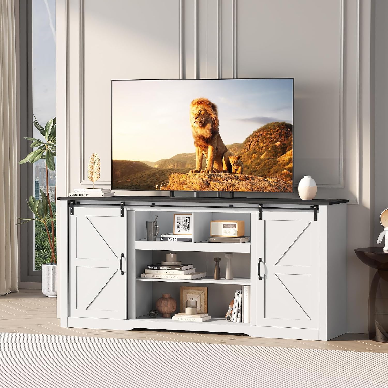 GarveeHome 70' Farmhouse TV Stands for 80-85' TVs, Rustic Wooden Entertainment Center with Adjustable Shelves & Sliding Barn Door, TV Console Table with Open Storage for Home, White+Black Top
