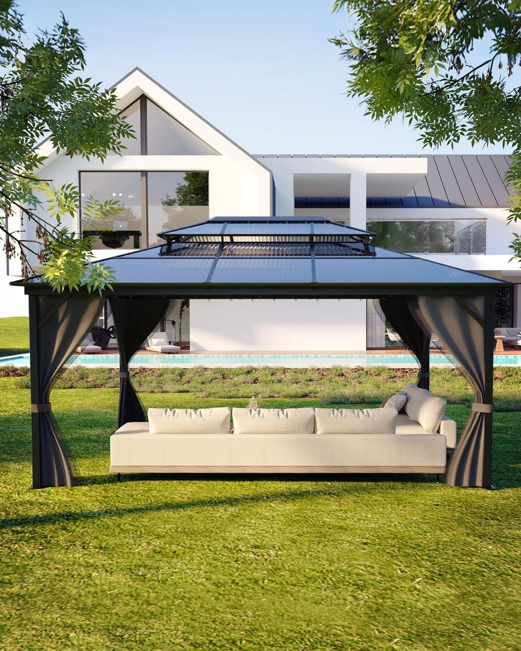 12' x 16' Permanent Hardtop Gazebo - Heavy Duty Aluminum Frame with Double Roof, Includes Curtains & Netting for Patio/Backyard/Garden (All-Weather)