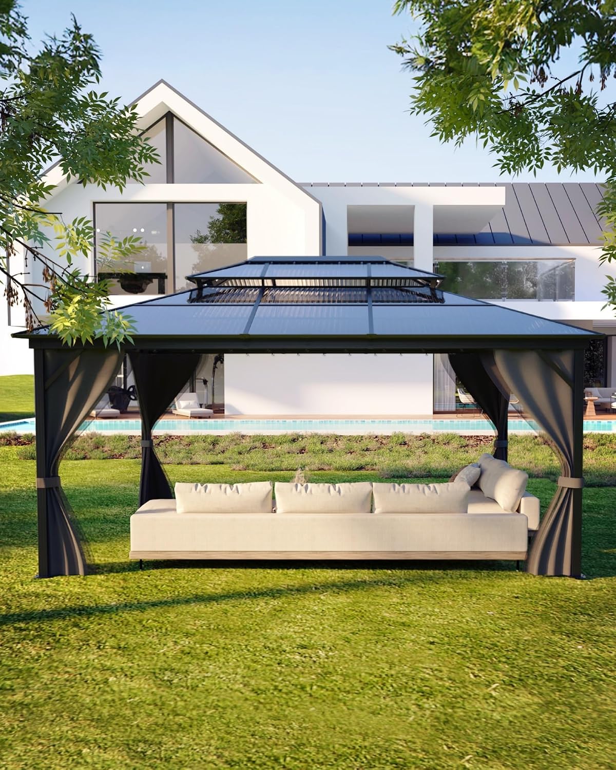 12' x 16' Permanent Hardtop Gazebo - Heavy Duty Aluminum Frame with Double Roof, Includes Curtains & Netting for Patio/Backyard/Garden (All-Weather)