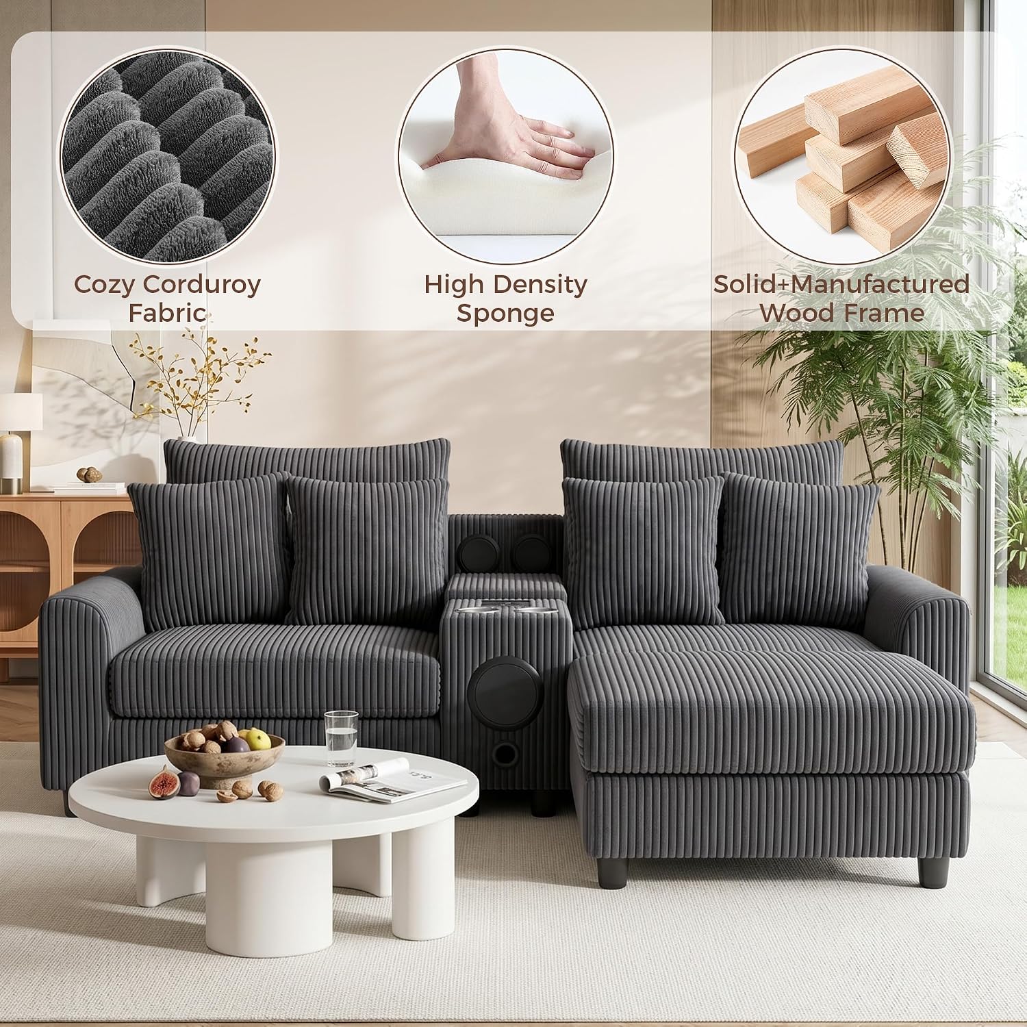 MAKIAAP 83' Corduroy Sectional Modular Couch with Speakers, Comfy Deep Seat Loveseat Sofa with Movable Ottoman, Console, USB Charger, Cup Holders, Storage for Living Room (Gray, 83in)