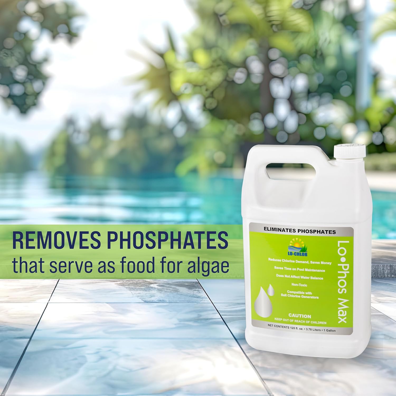 Lo-Chlor Lo-Phos Max Pool Phosphate Remover, Reduces Chlorine Demand, Starves Algae, Compatible with Other Chemicals and Surfaces, for Inground and Above Ground Swimming Pools, 128 Oz
