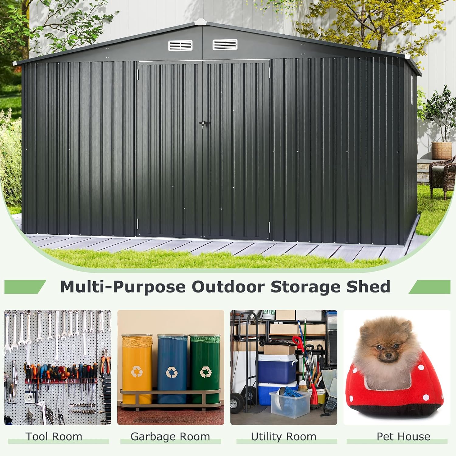 Goplus 12 x 9.8 FT Outdoor Storage Shed, All-Weather & Rustproof Galvanized Metal Utility Tool Shed w/Lockable Door, Pitched Roof, Windows, Backyard Lawn Garden Storage House for Bike Tool Lawnmower