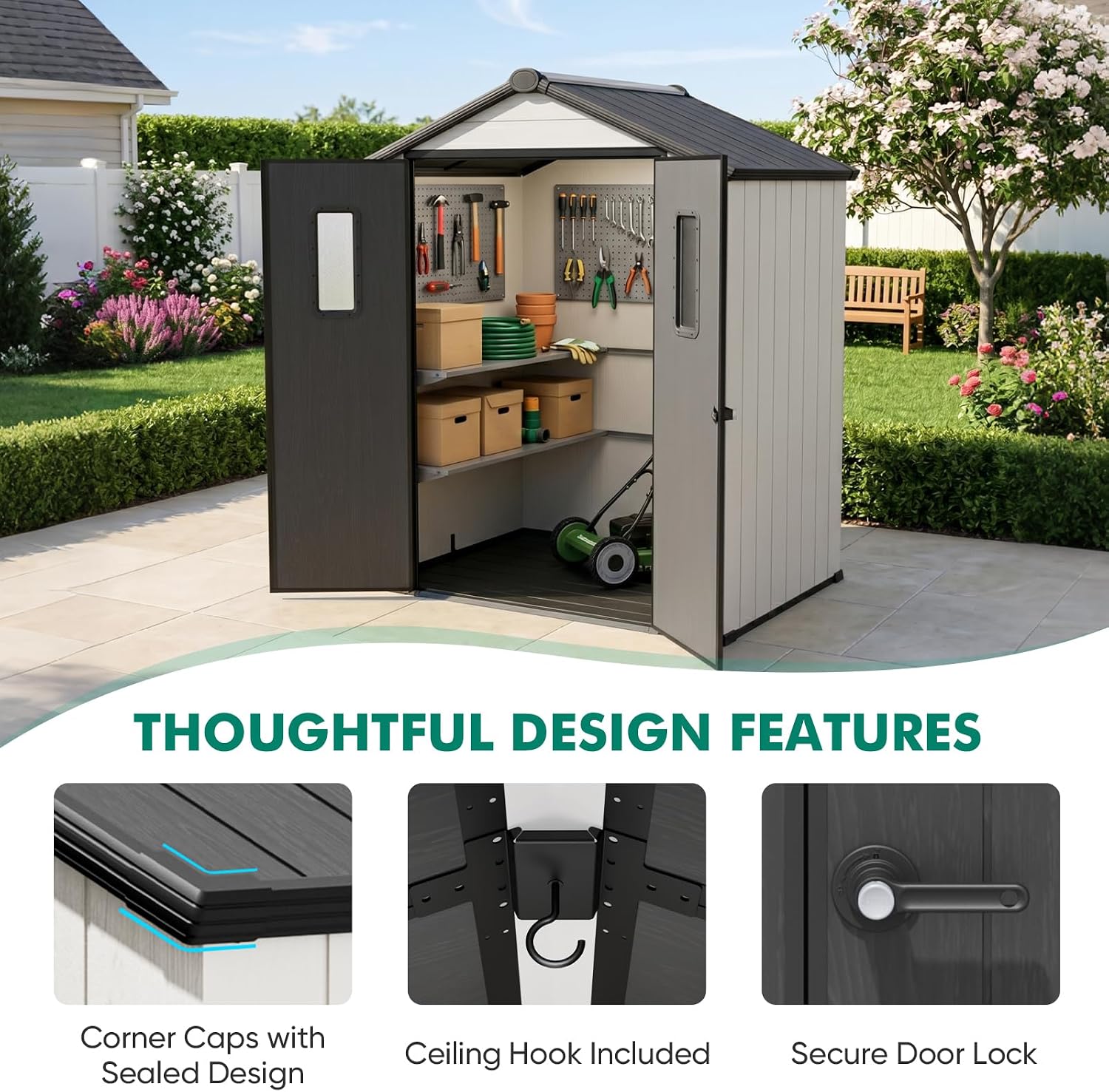 6x4 Outdoor Storage Shed with Floor, Heavy Duty Resin Tool Shed, Weather Resistant Garden Storage Building with Windows, White/Gray
