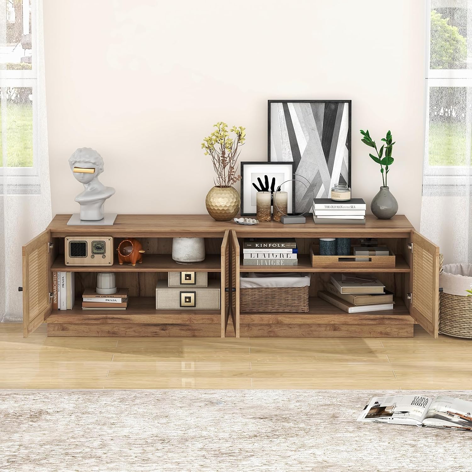 Giantex Farmhouse TV Stand for TVs up to 75', 4-Door PE Rattan Entertainment Center w/ 2 Cabinets, Adjustable Shelves, 8 Cable Holes, Mid Century Modern Media Console Table for Living Room, TV Cabinet