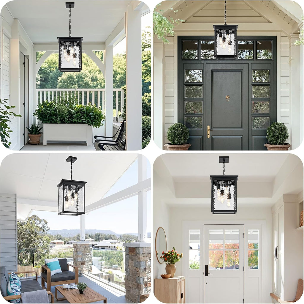 16.7'' Outdoor Pendant Lights for Porch, 4-Lights Black Exterior Pendant Light with Hammer Glass, Outdoor Porch Light Ceiling Mount Outdoor Hanging Light Fixture for Gazebo, Patio, Entryway