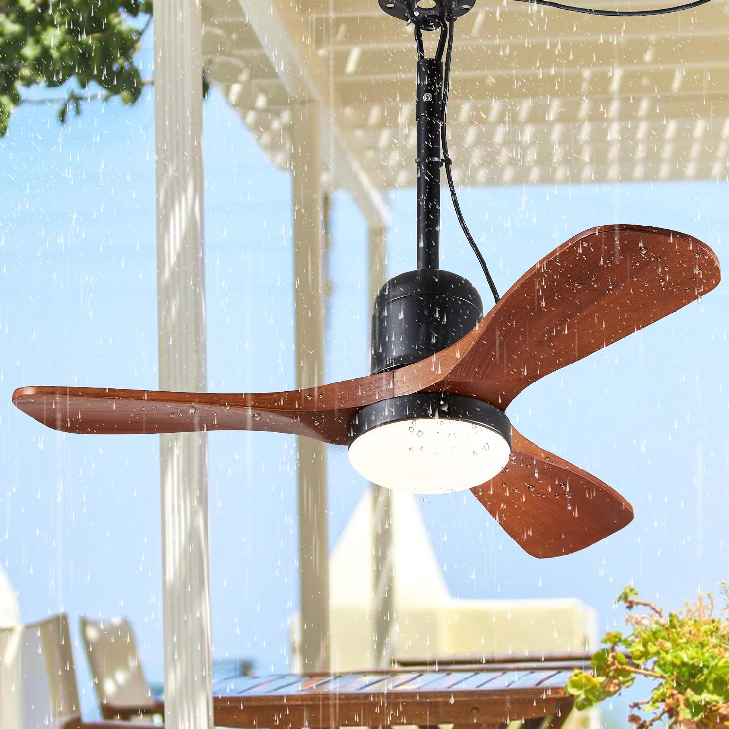 34' Outdoor Ceiling Fan with Light & Remote, Plug-in or Hardwire Gazebo Fan, Waterproof Wet Rated, 3 Walnut Wood Blades, Rustic Farmhouse Hanging Fan for Patio, Porch & Bedroom (Walnut-F235)