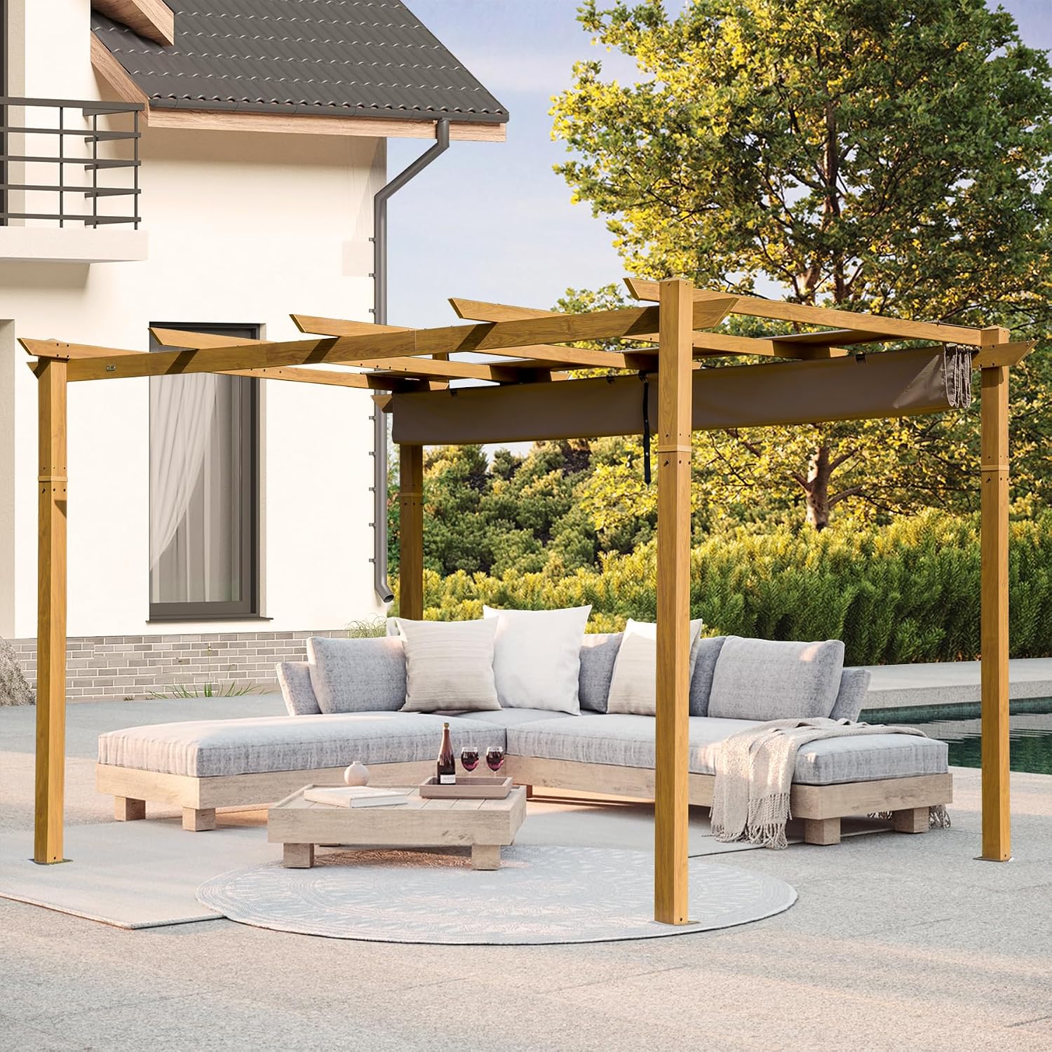 Domi 10x13ft Outdoor Retractable Pergola with Sun Shade Canopy, Pergolas and Gazebos Clearance, Patio Metal Canopy for Deck, Garden, Backyard (Wood Looking)