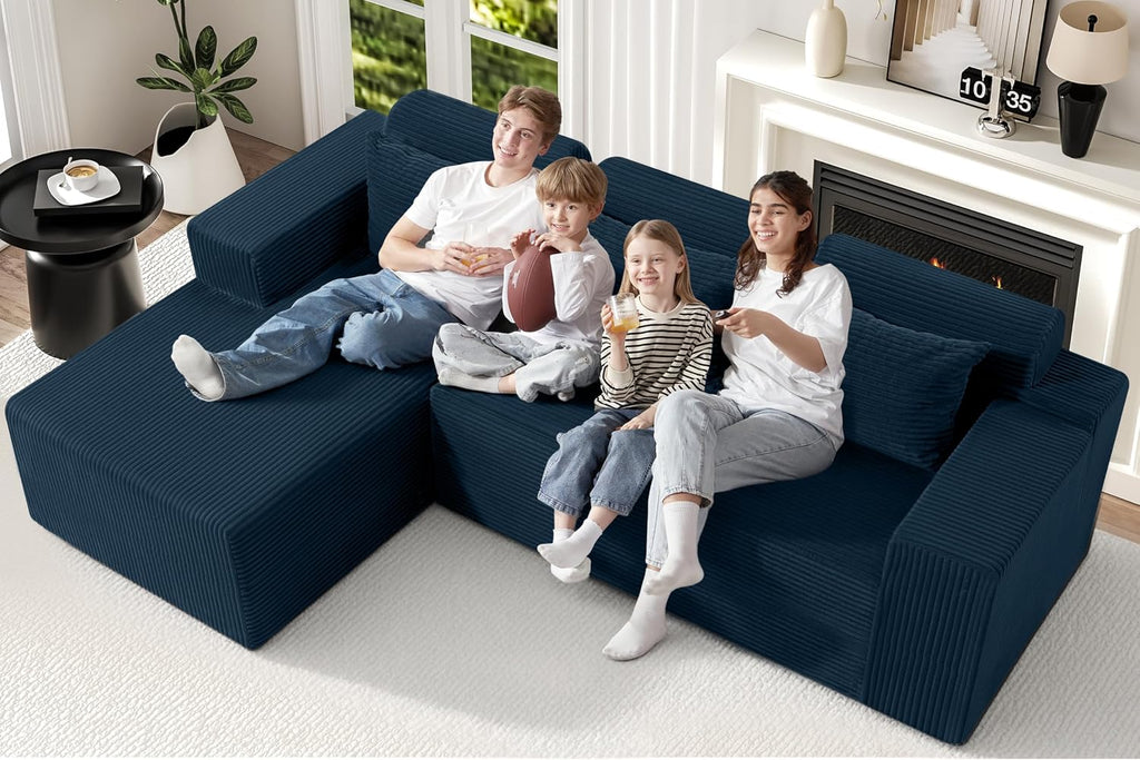 Homguava Modular Sectional Couches for Living Room,105' Cloud Couch with L-Shape Chaise,Comfy Sofa Living Room Sofas with Deep Seat,No Assembly L Couch,Corduroy Fabric(Blue,L)