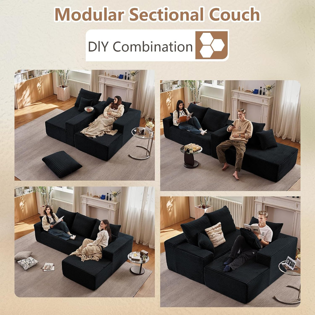 96' Modular Sectional Sofa, Modern Corduroy Cloud Couch with Deep Seat, Boneless Couch Upholstered 3-Seater L-Shaped Sofa for Living Room, No Assembly Required (Black, Right-Facing Chaise)