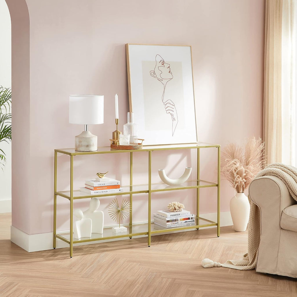 VASAGLE 51.2 Inch Console Table with 3 Shelves, Sofa Tables, Modern Entryway Table, Metal Frame, Tempered Glass Shelf, Entryway Living Room Bedroom, Metallic Gold and Transparent ULGT024A01